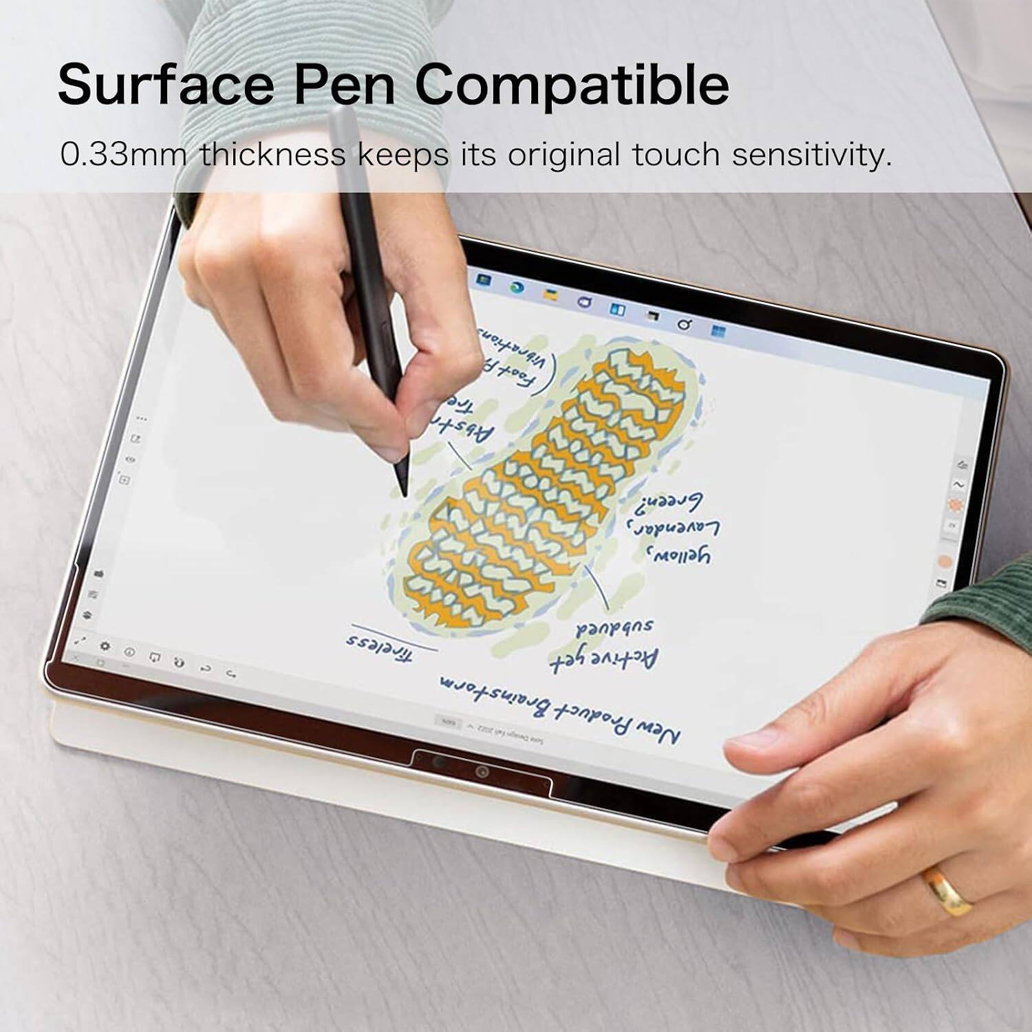 Surface Pen Compatible  
0.33mm thickness keeps its original touch sensitivity.  

Vibrations  
FootPrint  
Abstract  

Green, Lavender, yellow,  
subdued  

Tireless yet Active  
Brainstorm Product New