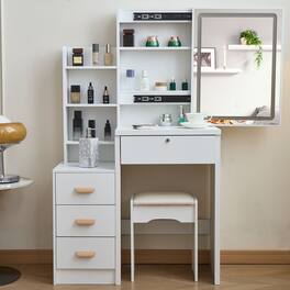 APRILSOUL - Vanity Desk with Sliding Mirror and Lights 4 Drawers Stool Open Shelves 3 Color Adjustable Lighting Modes - White