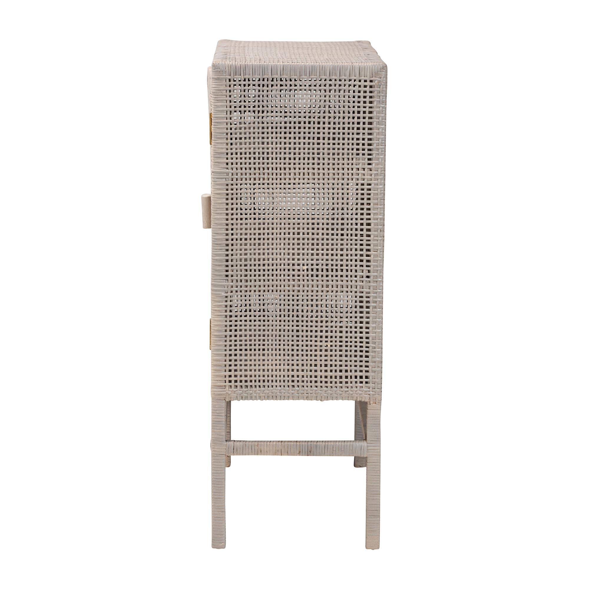 Back. bali & pari - Vivan Natural Rattan Storage Cabinet - 3-Tier Handwoven Wicker Accent Cabinet with Double Doors and Elevated Base - French Grey.