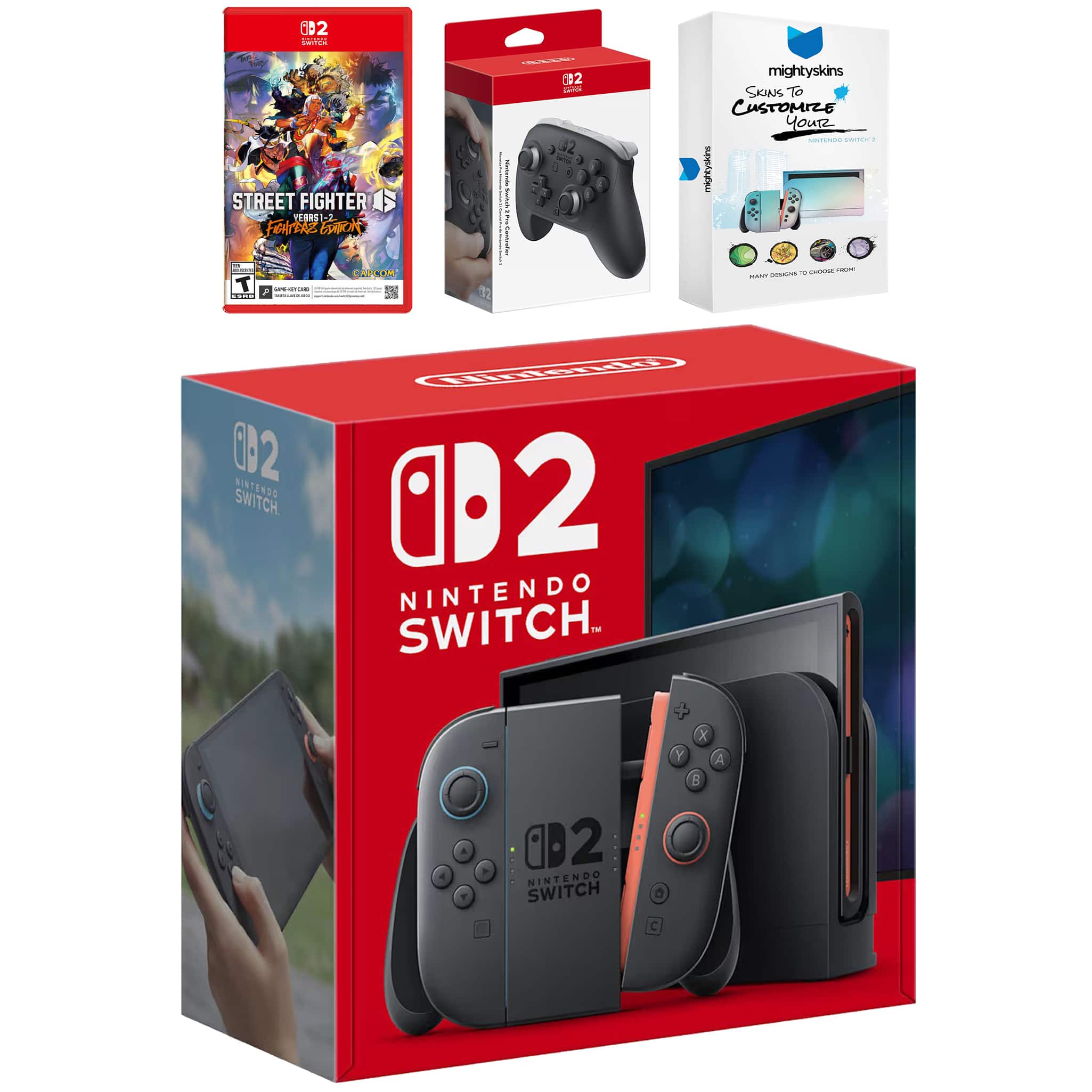 Switch 2 Video Game Console with Street Fighter 6, Pro Controller and MightySkins Code Bundle - Nintendo Switch 2