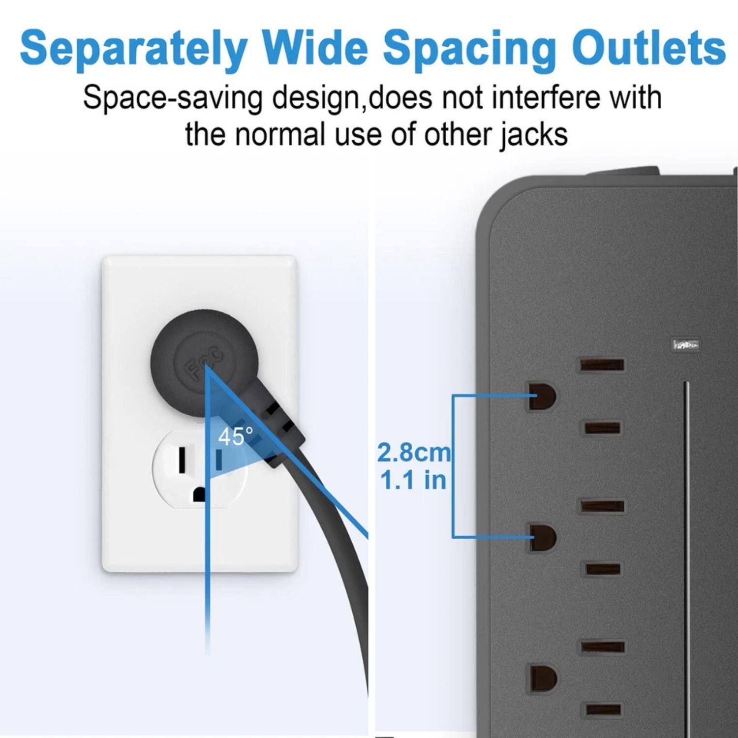 Separately Wide Spacing Outlets  
Space-saving design, does not interfere with the normal use of other jacks  

45°  
2.8cm 1.1 in