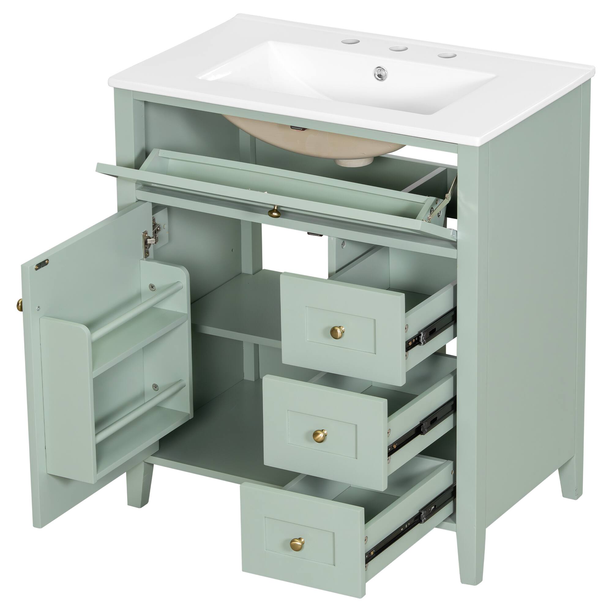 Alt View 1. Whisen - 30 Inch Bathroom Vanity with Ceramic Sink Combo Modern 3 Drawer 1 Left Door Storage Cabinet Freestanding - Light Green.