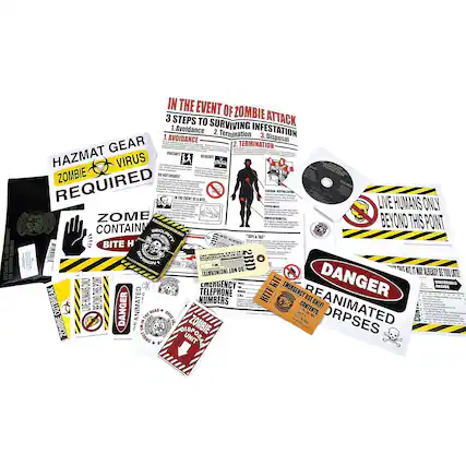 IN THE EVENT OF ZOMBIE ATTACK
3 STEPS TO SURVIVING INFESTATION
1. Avoidance
2. Termination
3. Disposal
HAZMAT GEAR
ZOMBIE VIRUS REQUIRED
ZOMBIE CONTAIN
BITE H
LIVE HUMANS ONLY BEYOND THIS POINT
DANGER
REANIMATED ORPSES
EMERGENCY TELEPHONE NUMBERS
EMERGENCY USE ONLY
DANGER MATERIALS INSIDE
DANGER
REANIMATED ORPSES