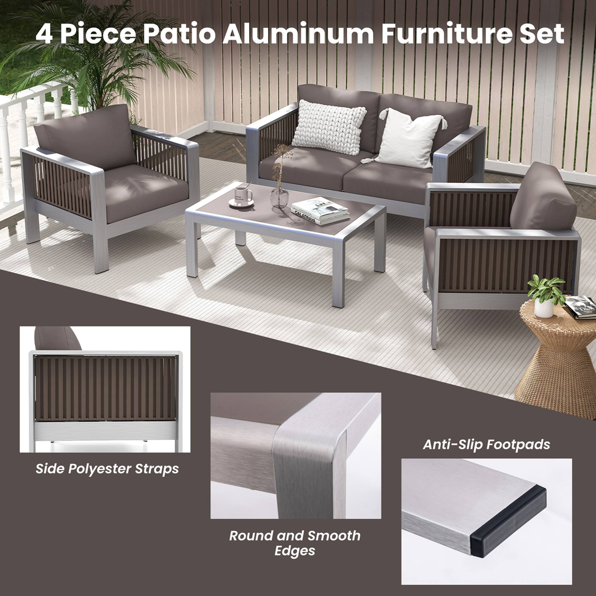 4 Piece Patio Aluminum Furniture Set SALATTON Side Polyester Straps Anti-Slip Footpads Round and Smooth Edges