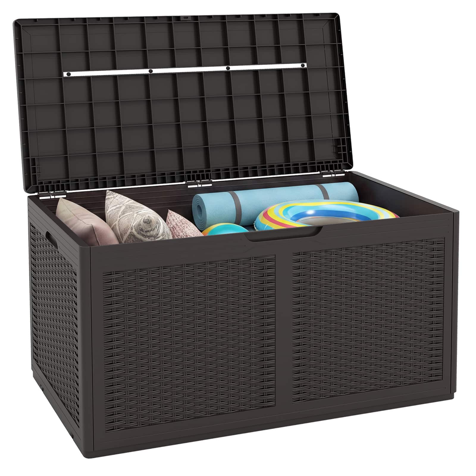 Gymax- 100 Gallon Resin Deck Box w/ Lockable Lid Wheels for Pool Accessories- Brown