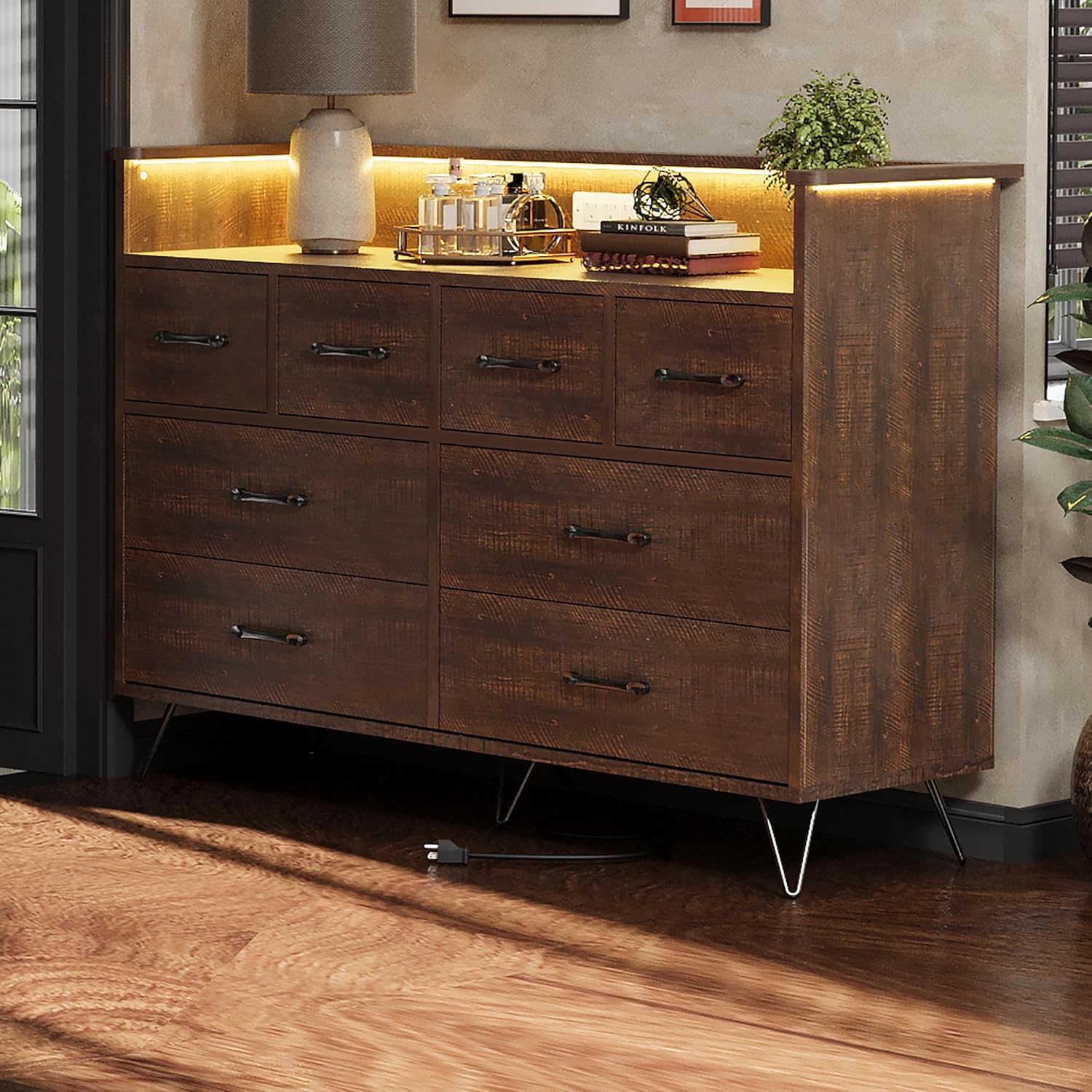 Alt View 1. GARVEE - 8 Drawer Modern Dresser, Wide Chest with Storage Drawers for Bedroom, Gaming Setup or Makeup Vanity - Antique Dark Color.