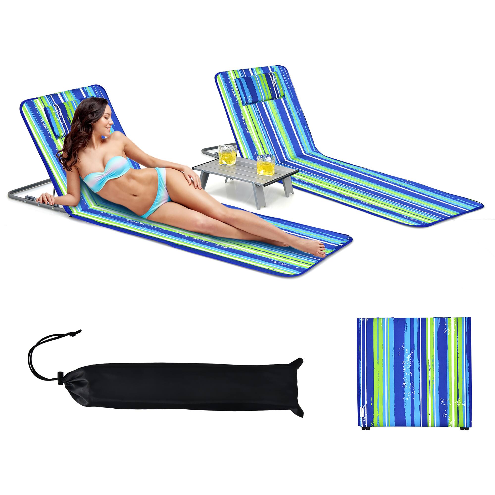 Alt View 2. Costway - Costway 3-Piece Beach Lounge Chair Mat Set 2 Adjustable Lounge Chairs with Table - Stripe.
