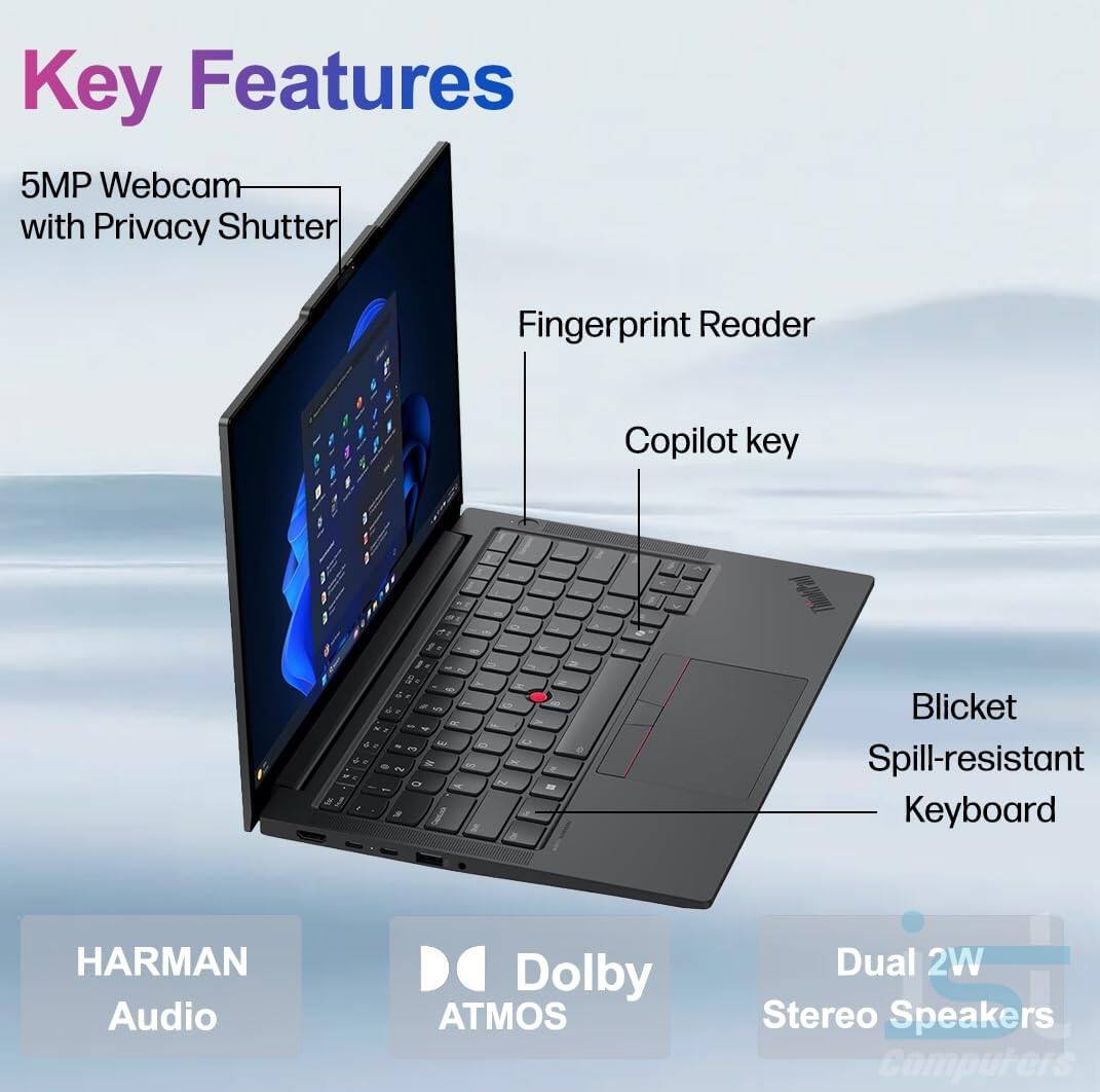 Key Features

- 5MP Webcam with Privacy Shutter
- Fingerprint Reader
- Copilot key
- Blicket Spill-resistant Keyboard
- HARMAN Audio
- Dolby ATMOS
- Dual 2W Stereo Speakers