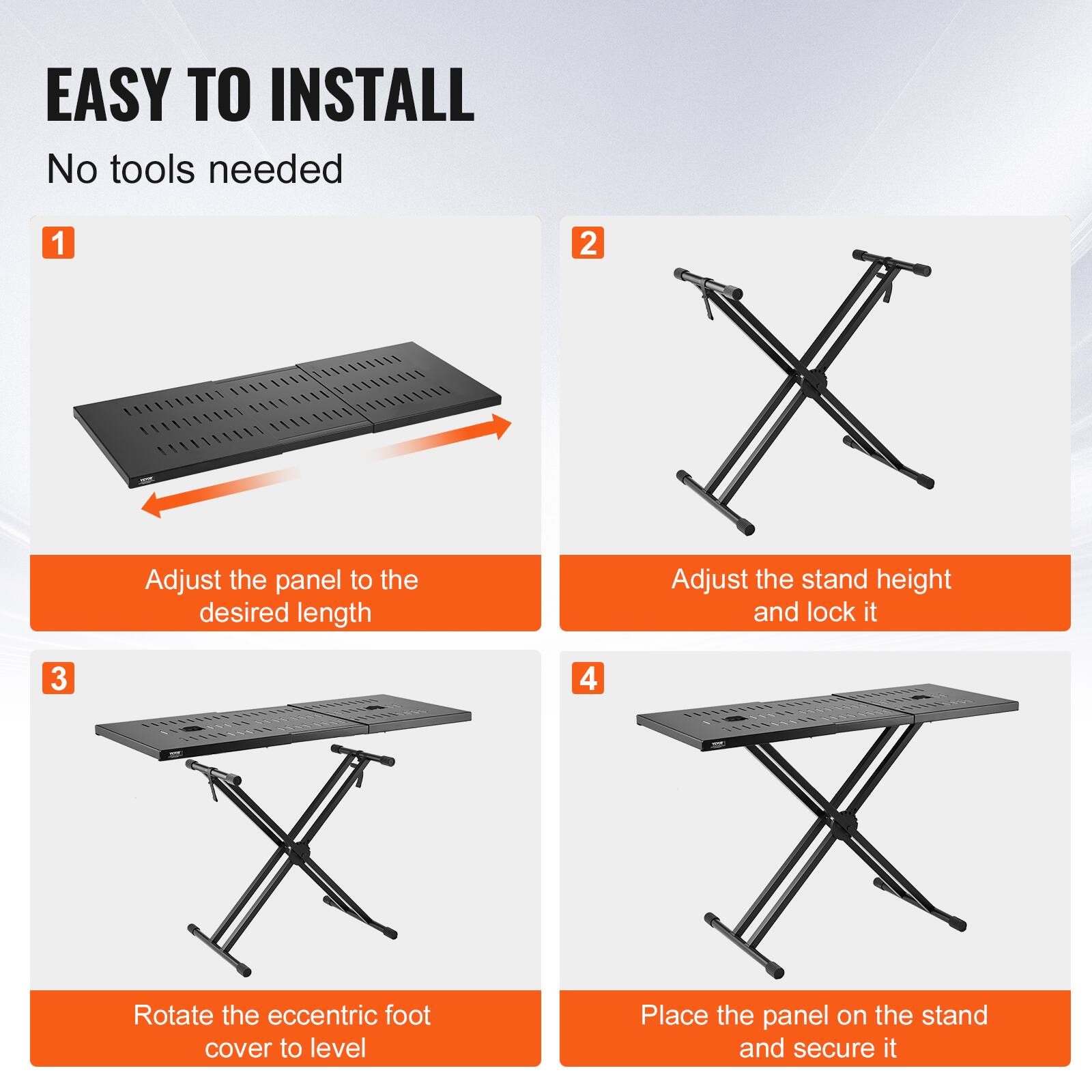 EASY TO INSTALL  
No tools needed  

1. Adjust the panel to the desired length  

2. Adjust the stand height and lock it  

3. Rotate the eccentric foot cover to level  

4. Place the panel on the stand and secure it