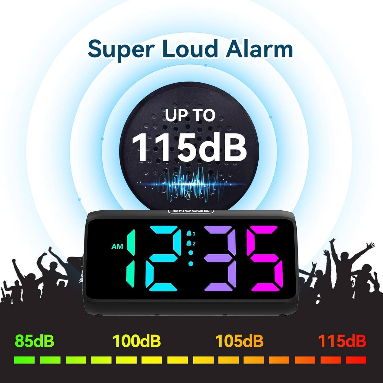 Super Loud Alarm  
UP TO 115dB  

85dB 100dB 105dB 115dB