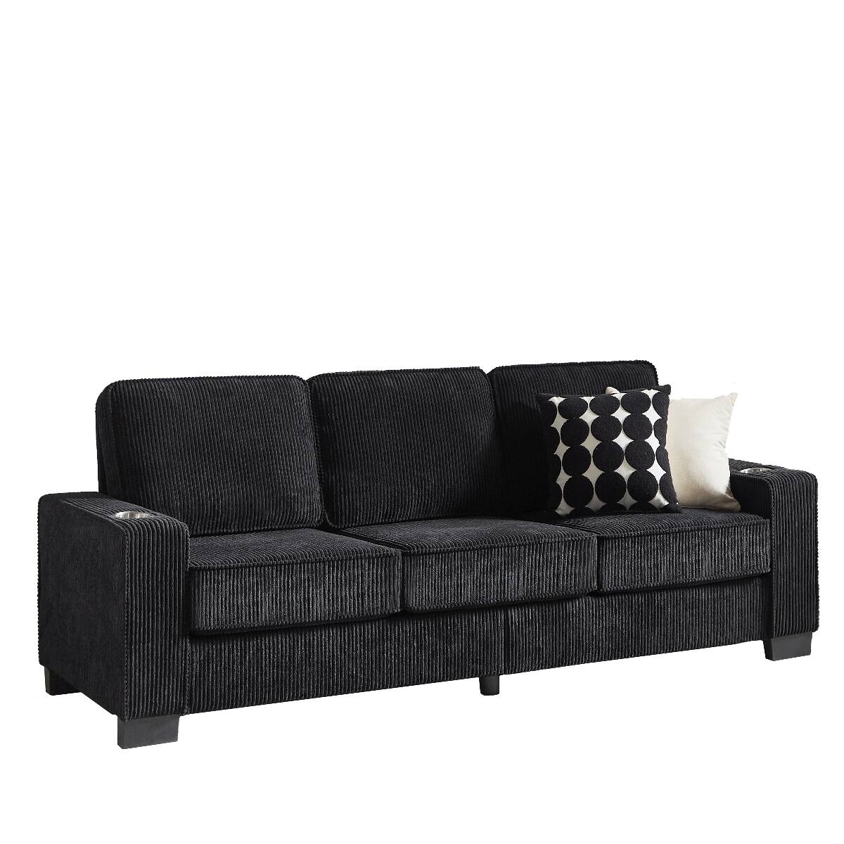 Alt View 8. Ropilly - Ropilly Modern Corduroy 3 Seater Sofa, Black Corduroy Sofa with Armrest Cup Holders, 83.86 Inch Couch - Black.