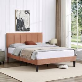 Vecelo - Queen Upholstered Bed with Adjustable Headboard & 7.9" Underbed Storage - Quiet Slat Metal Platform Bed,Fabric Frame - Coffee