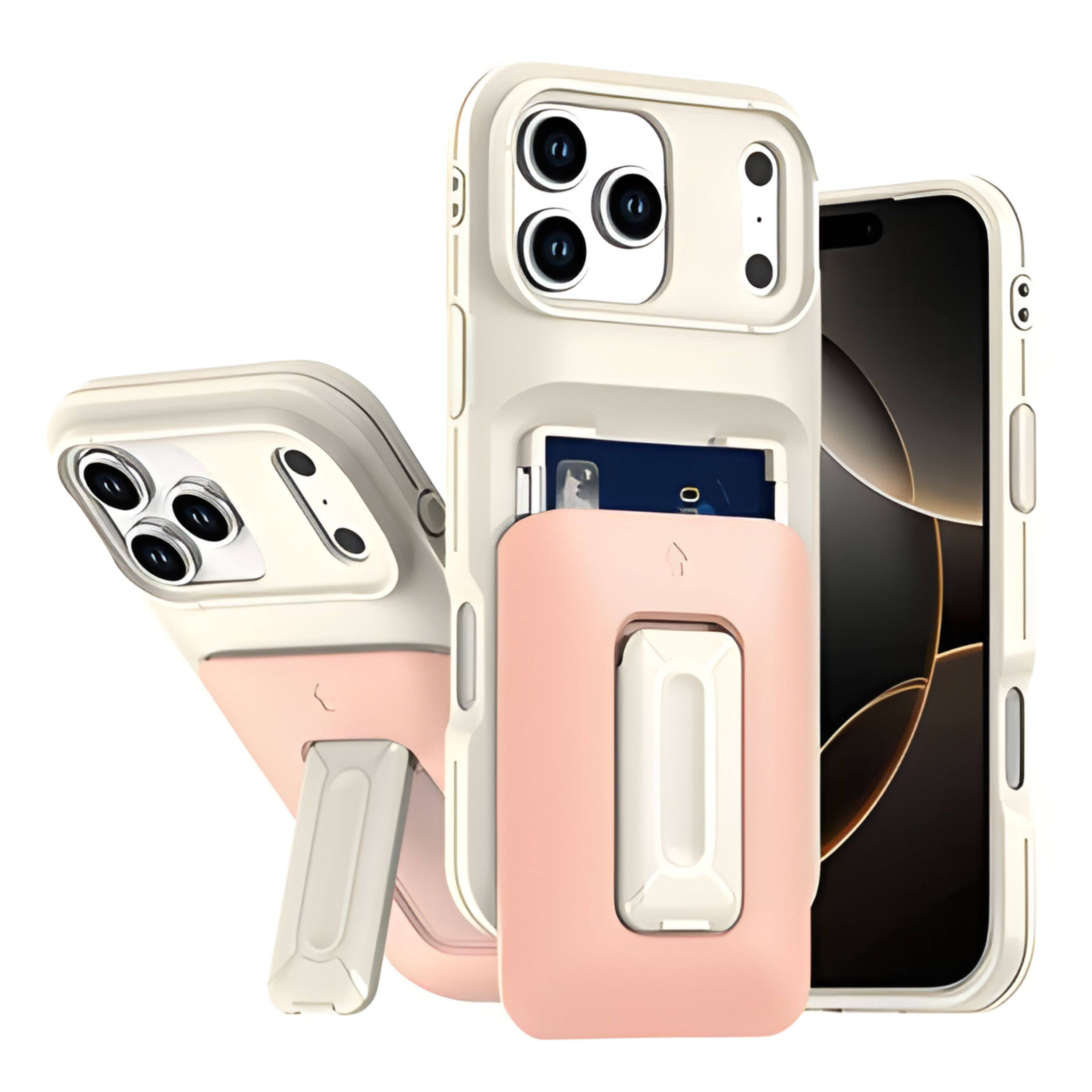Kitcheniva - Matte Finish Phone Case With Card Holder Kickstand Strap Tempered Glass For iPhone 17 Pro Max - Beige Light Pink price history on PriceWatchPro