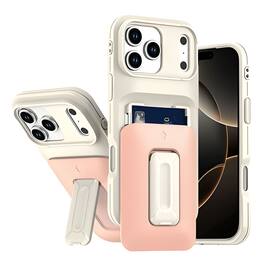 Kitcheniva - Matte Finish Phone Case With Card Holder Kickstand Strap Tempered Glass For iPhone 17 Pro Max - Beige Light Pink