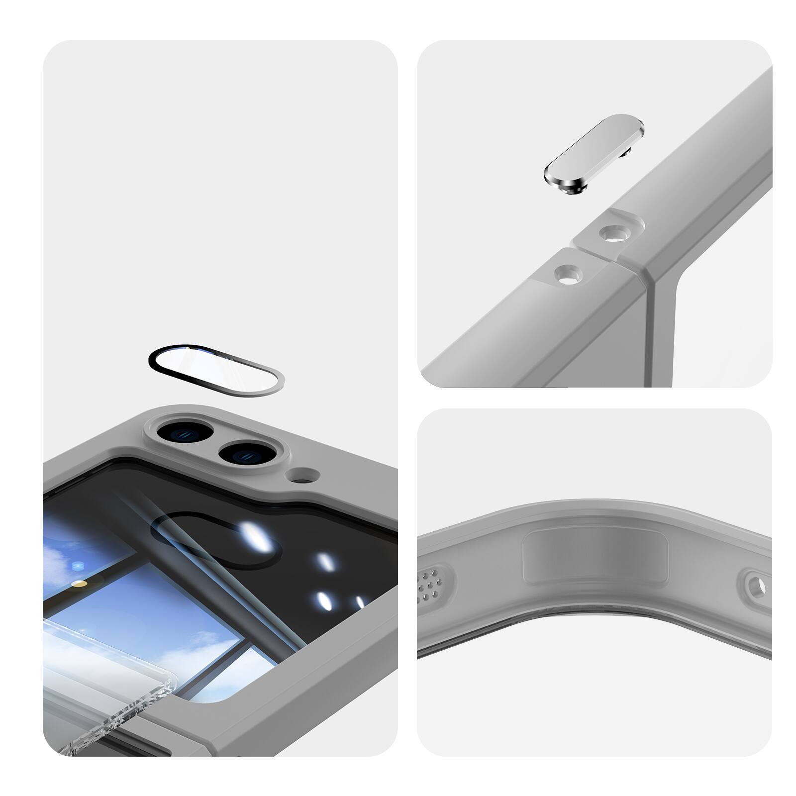 Angle. Dteck - Magnetic Case for Samsung Galaxy Z Flip6 with Built-in Lens Protector, 360° Rotating Ring Stand Clear Shockproof Cover - Gray.