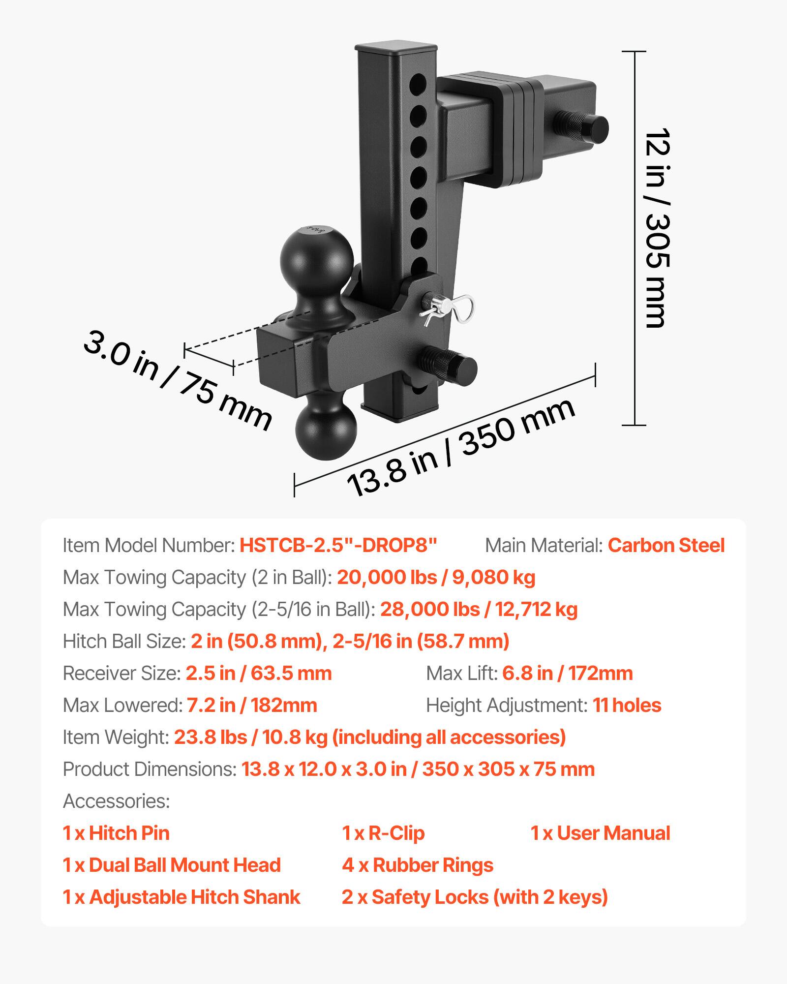 VEVOR Adjustable Trailer Hitch, Fit 2.5 Inch Receiver, Trailer Hitch ...