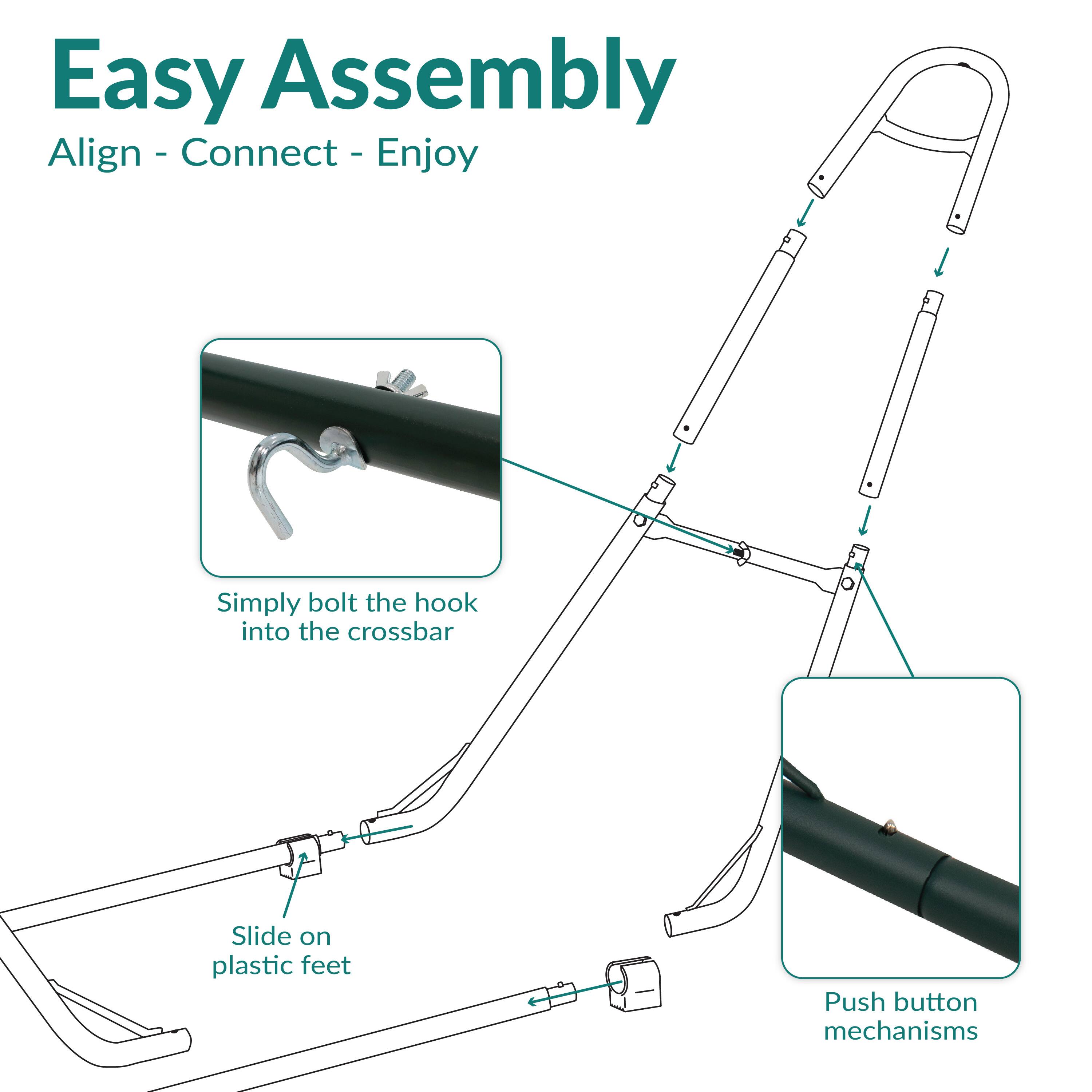 Easy Assembly  
Align - Connect - Enjoy  

- Simply bolt the hook into the crossbar  
- Slide on plastic feet  
- Push button mechanisms