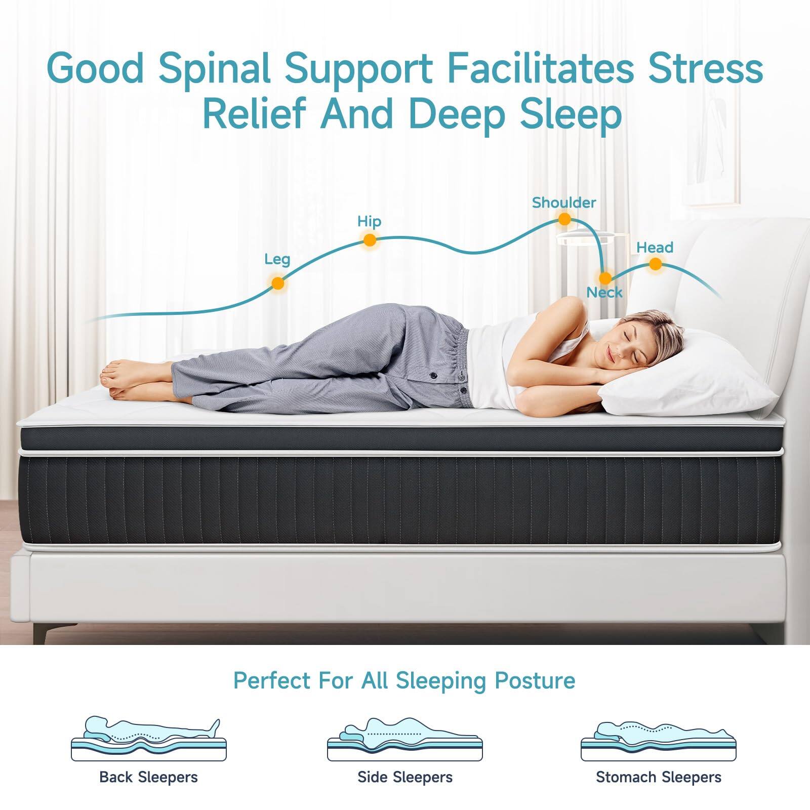 Good Spinal Support Facilitates Stress Relief And Deep Sleep

Leg
Hip
Shoulder
Neck
Head

Perfect For All Sleeping Posture

Back Sleepers
Side Sleepers
Stomach Sleepers
