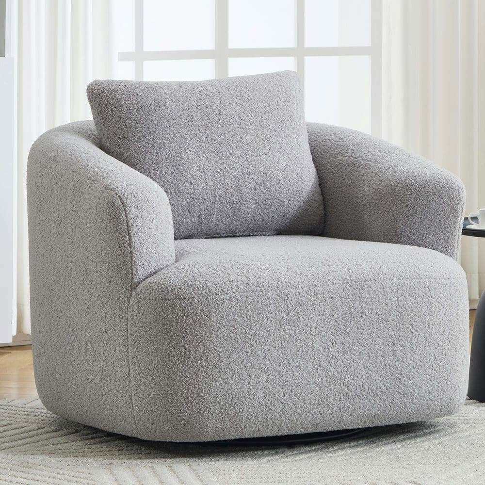 Kadyn - Round Swivel Chair, Soft Teddy Fleece and Supportive High-Resilience Sponge Cushioning, Light Grey - Gray