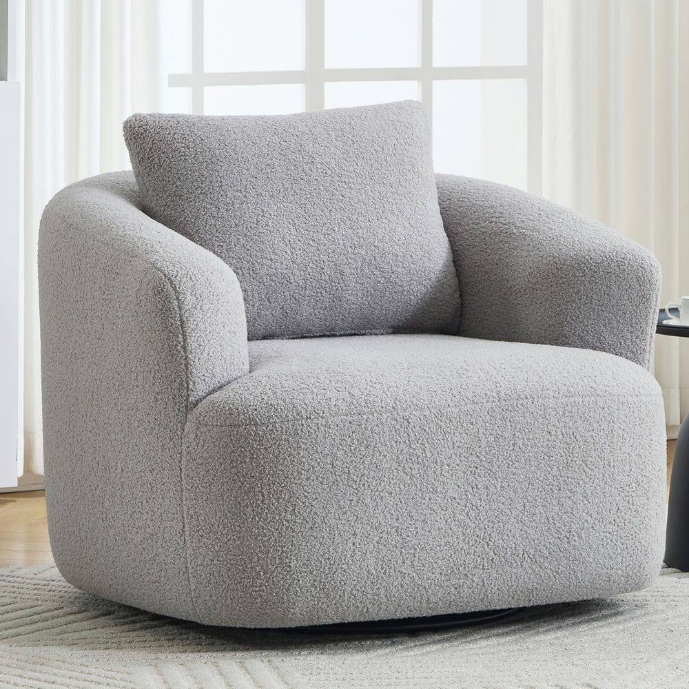 Front. Kadyn - Round Swivel Chair, Soft Teddy Fleece and Supportive High-Resilience Sponge Cushioning, Light Grey - Gray.