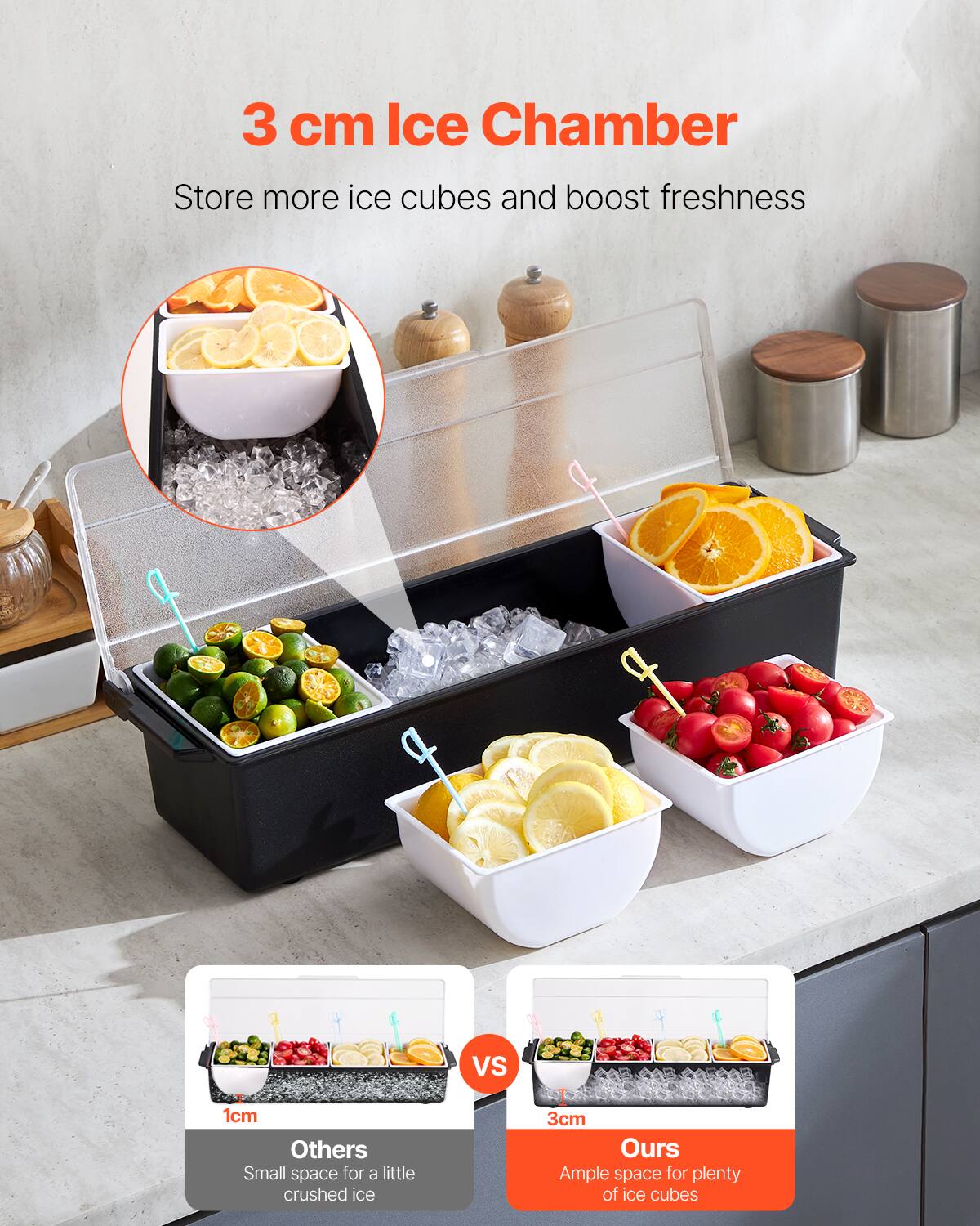 3 cm Ice Chamber  
Store more ice cubes and boost freshness  

VS  

1 cm Others  
Small space for a little crushed ice  

3 cm Ours  
Ample space for plenty of ice cubes