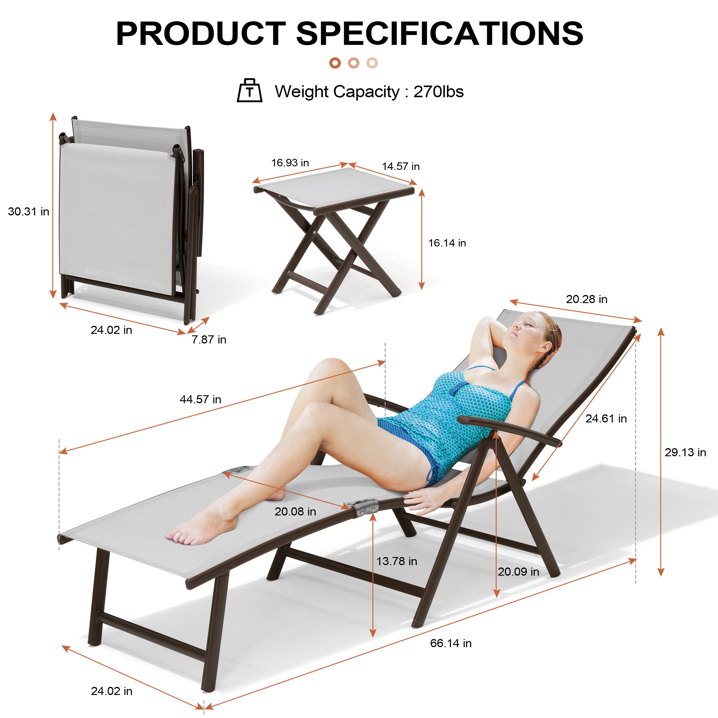 PRODUCT SPECIFICATIONS

Weight Capacity: 270lbs

- 30.31 in
- 24.02 in
- 7.87 in
- 44.57 in
- 20.08 in
- 13.78 in
- 20.09 in
- 66.14 in
- 24.02 in
- 29.13 in
- 24.61 in
- 20.28 in
- 20.28 in
- 16.14 in
- 14.57 in
- 16.93 in