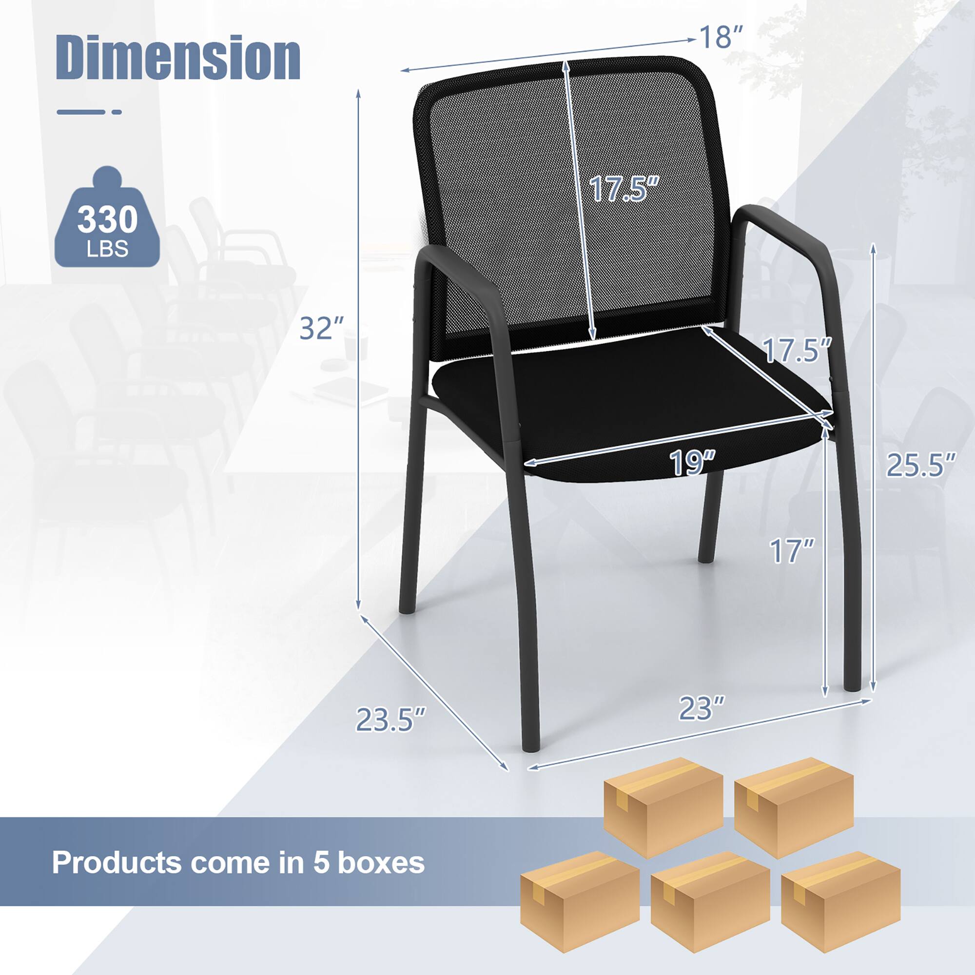 Dimension: 18" x 330 LBS x 17.5" x 32" x 17.5" x 19" x 25.5" x 17" x 23.5" x 23"  
Products come in 5 boxes