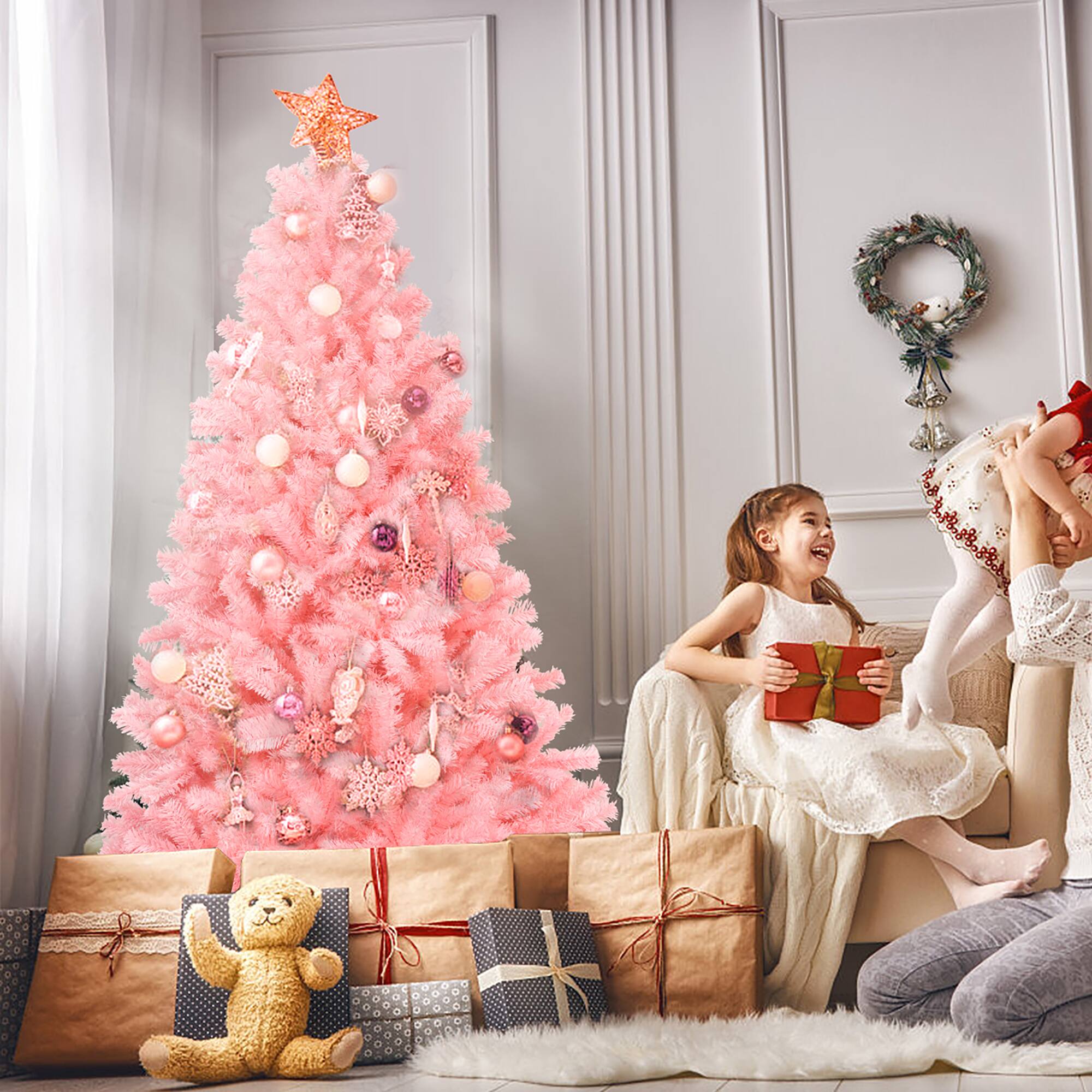Alt View 14. Costway - 6Ft Hinged Artificial Christmas Tree Full Fir Tree New PVC with Metal Stand - Pink.