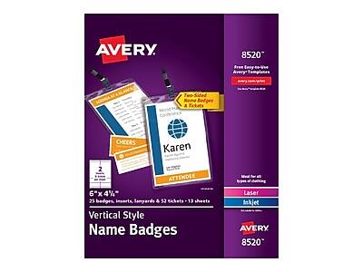 AVERY  
8520  
Free Easy-to-Use Avery Templates  
www.avery.com/templates  
www.avery.com/8520  

Two-Sided Name Badges & Tickets  

Vertical Style Name Badges  
6" x 4½"  
25 badges, inserts, lanyards & 52 tickets - 13 sheets  

Karen  
ATTENDEE  

Laser  
Inkjet  

AVERY  
8520