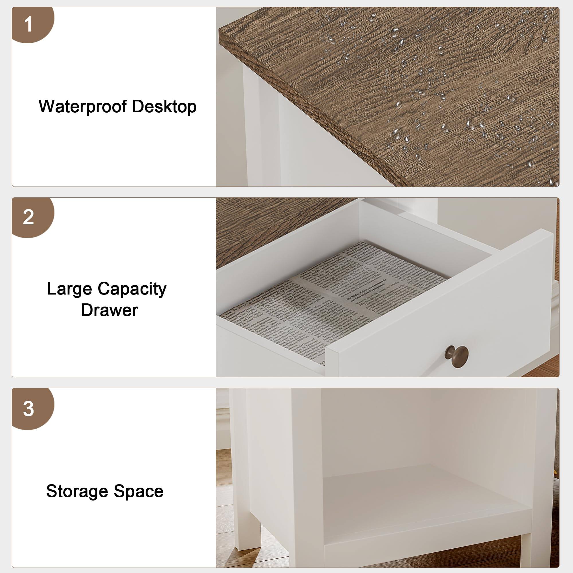 1. Waterproof Desktop  
2. Large Capacity Drawer  
3. Storage Space