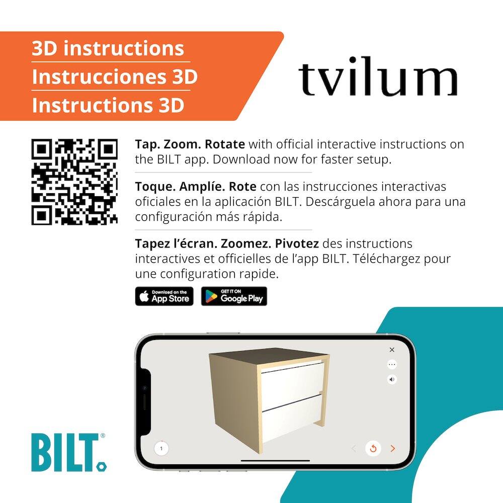 3D instructions  
Instrucciones 3D  
Instructions 3D  

Tap. Zoom. Rotate with official interactive instructions on the BILT app. Download now for faster setup.  
Toque. Amplíe. Rote con las instrucciones interactivas oficiales en la aplicación BILT. Descárguela ahora para una configuración más rápida.  
Tapez l'écran. Zoomez. Pivotez des instructions interactives et officielles de l'appli BILT. Téléchargez pour une configuration rapide.  

Download on the App Store  
GET IT ON Google Play  

BILT.