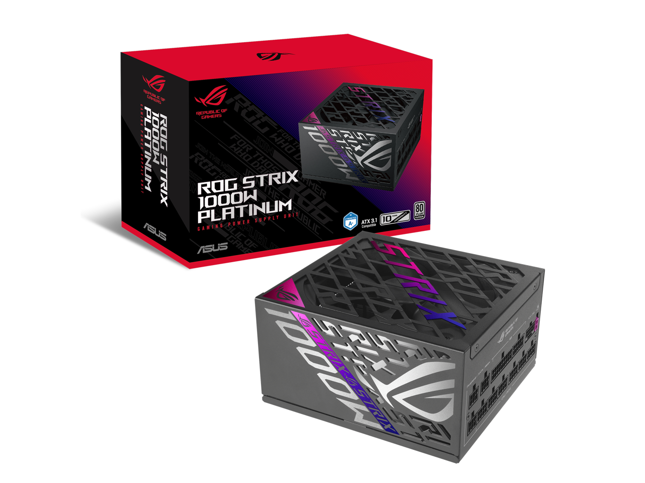 ROG STRIX  
ROG PLATINUM  
ROG POWER SUPPLY UNIT  

ASUS  

ATX 3.1  
1000W  
80 PLUS GOLD  

ROG STRIX  
ROG PLATINUM  

GAMING COMPETITION