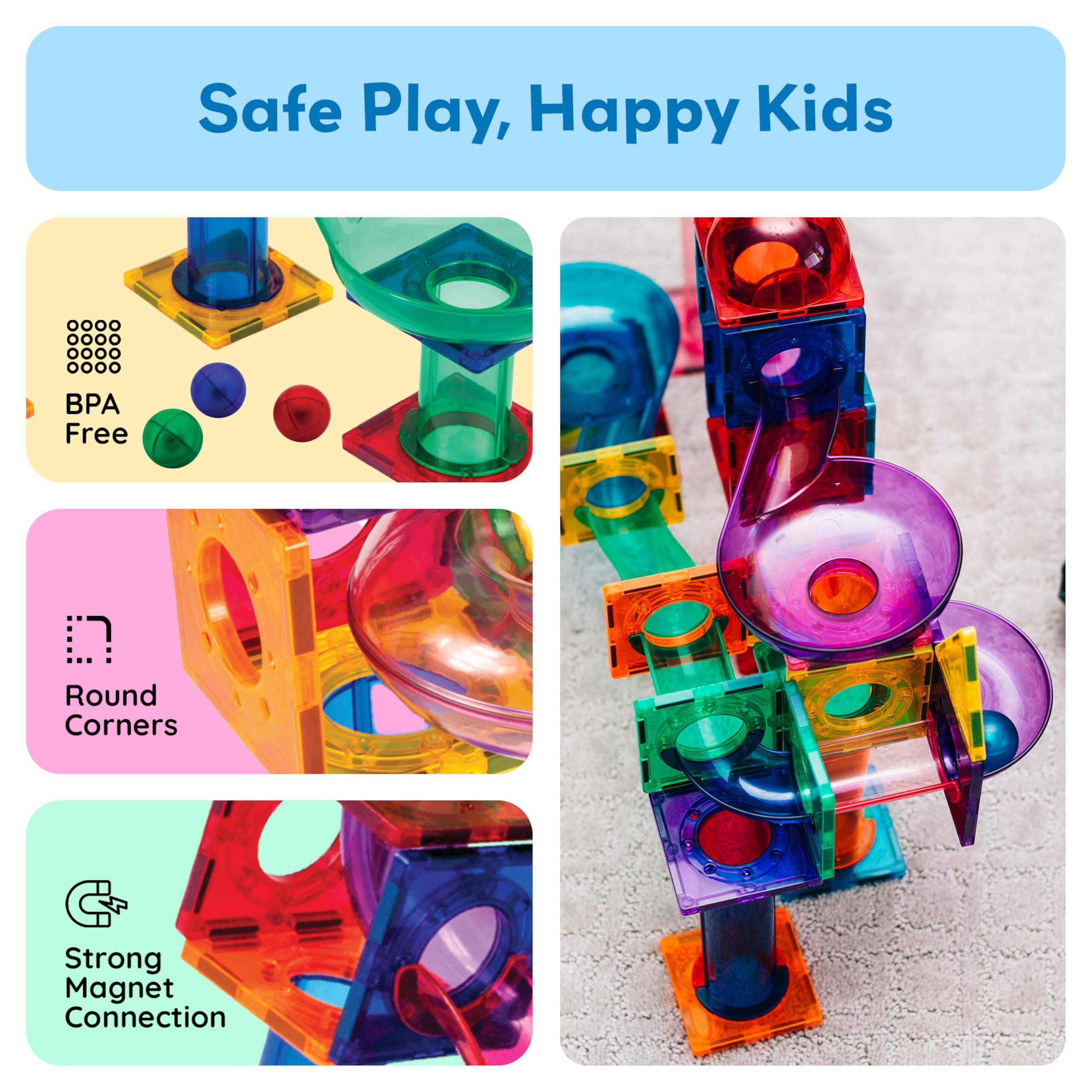 Safe Play, Happy Kids

- BPA Free
- Round Corners
- Strong Magnet Connection