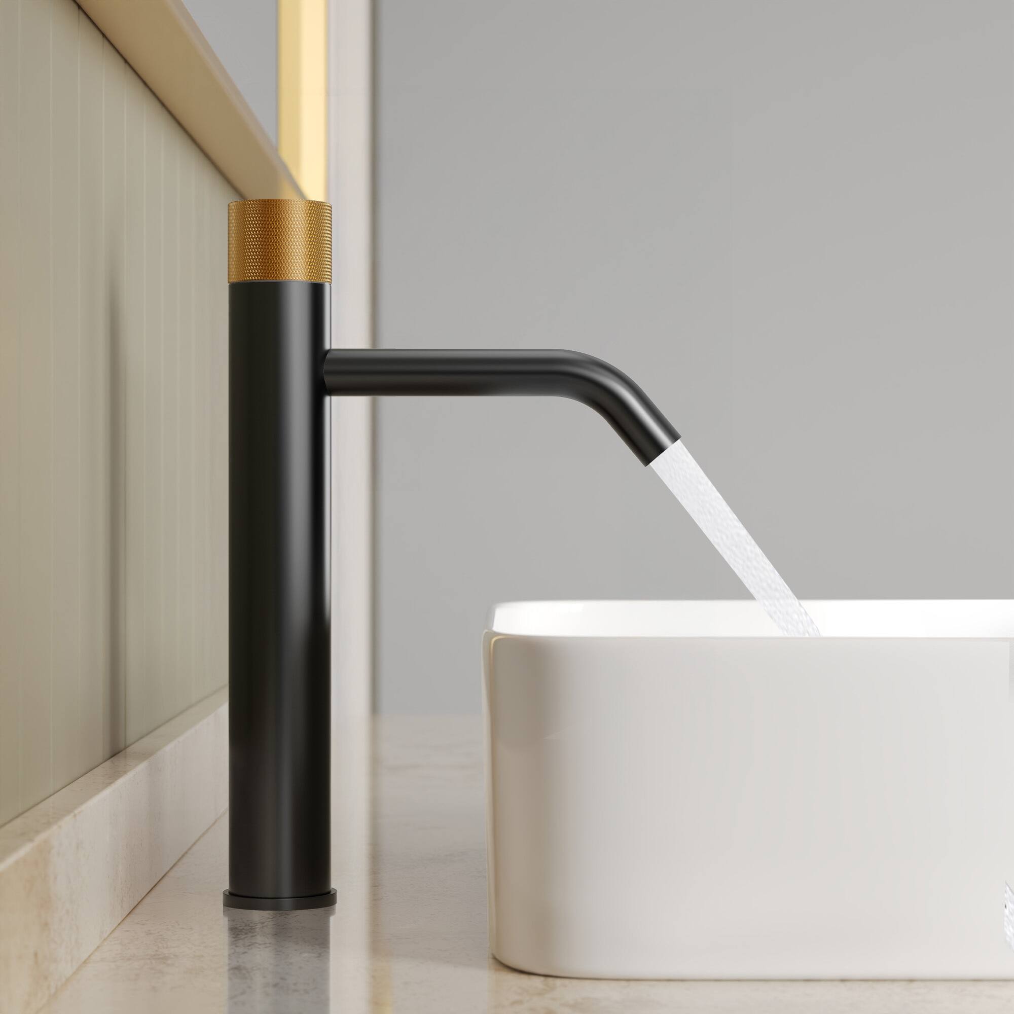Alt View 7. GRANDJOY - 12 in Single Handle Vessel Bathroom Faucet with Pop-Up Drain, 1.0 GPM Mid-Arc Spout - Matte Black&Brushed Gold.
