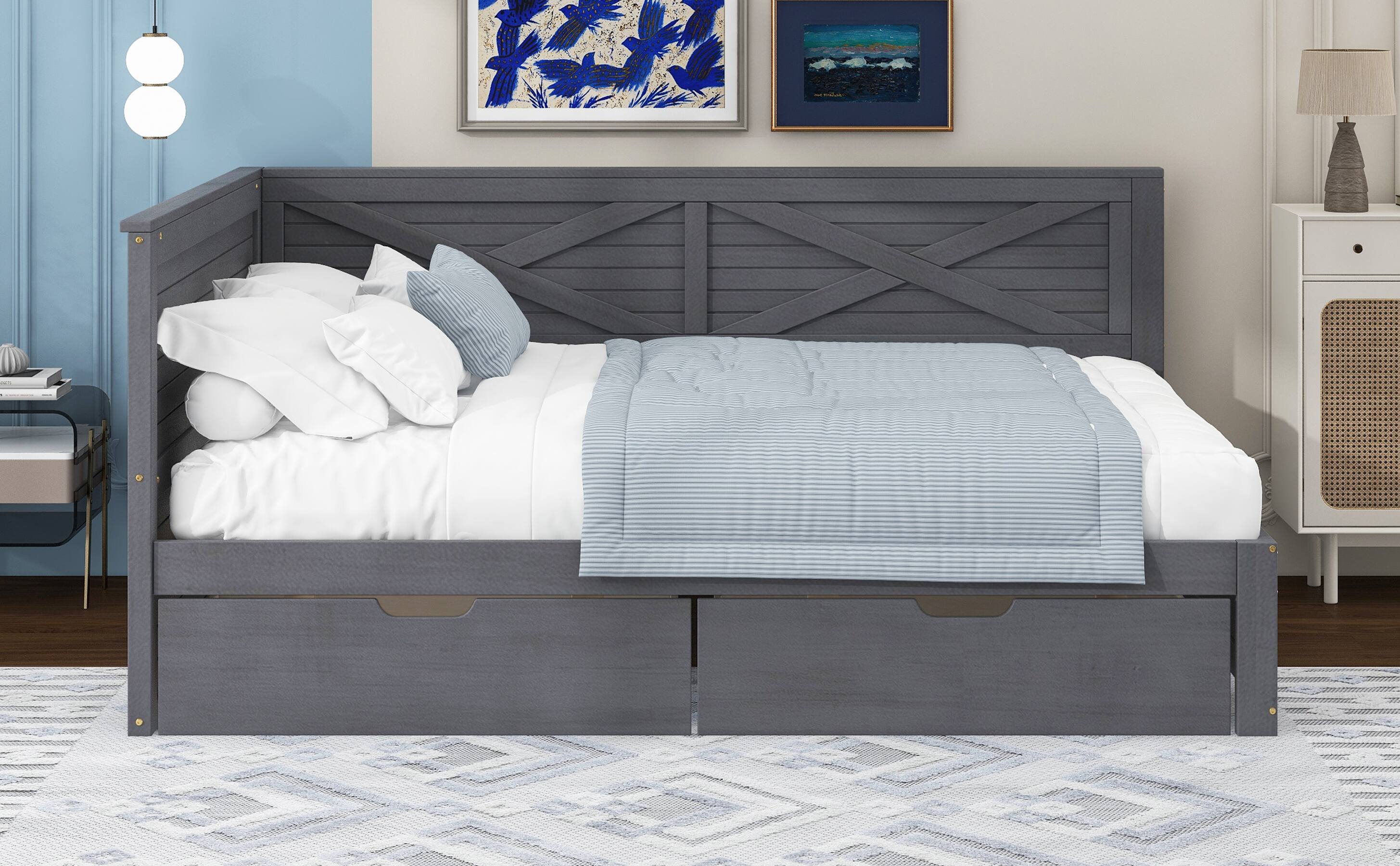 Alt View 4. Tiramisubest - Twin Size Wood Daybed with 2 Drawers and Rustic Guardrail, Ancient Grey - Grey.