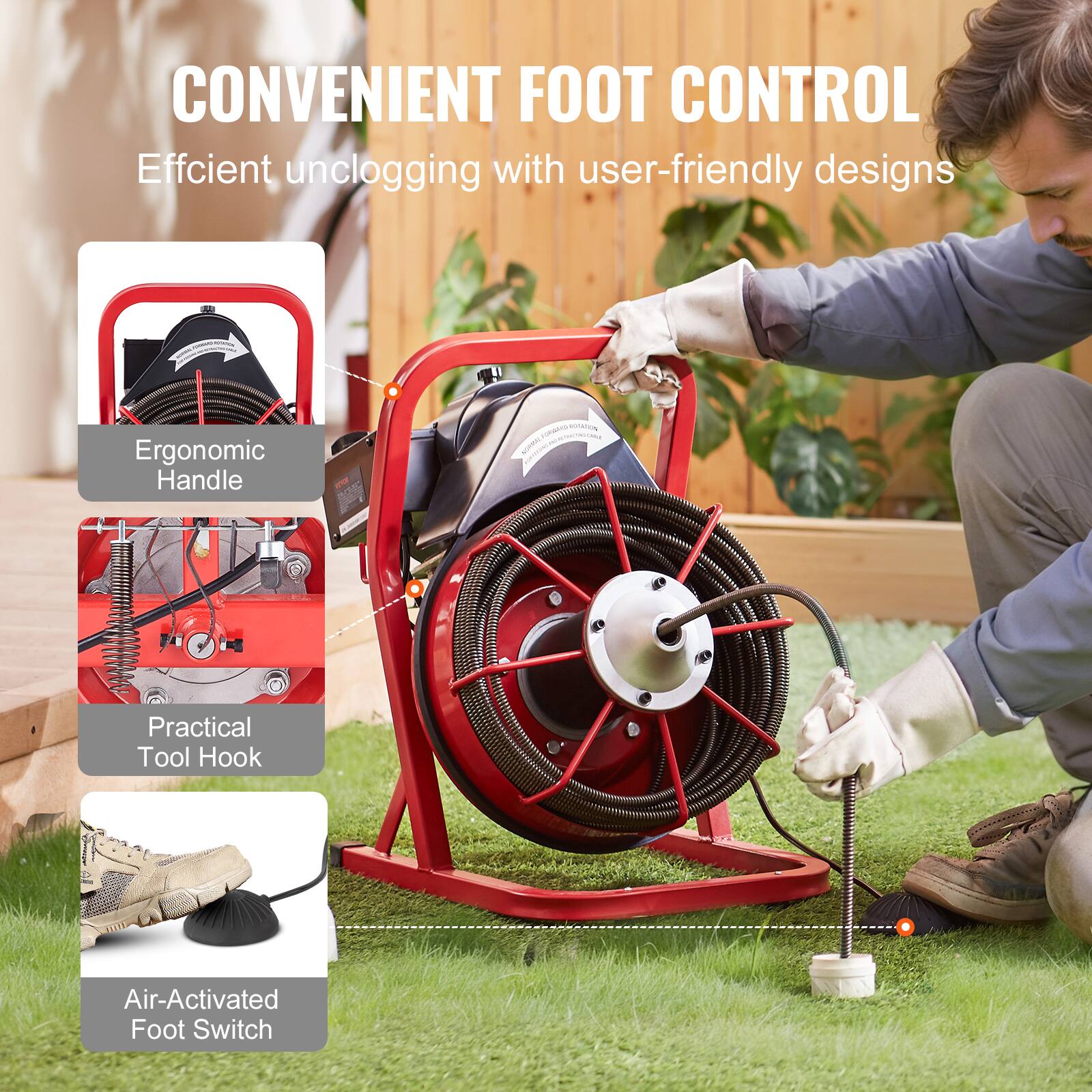 CONVENIENT FOOT CONTROL
Efficient unclogging with user-friendly designs
Ergonomic Handle
Practical Tool Hook
Air-Activated Foot Switch