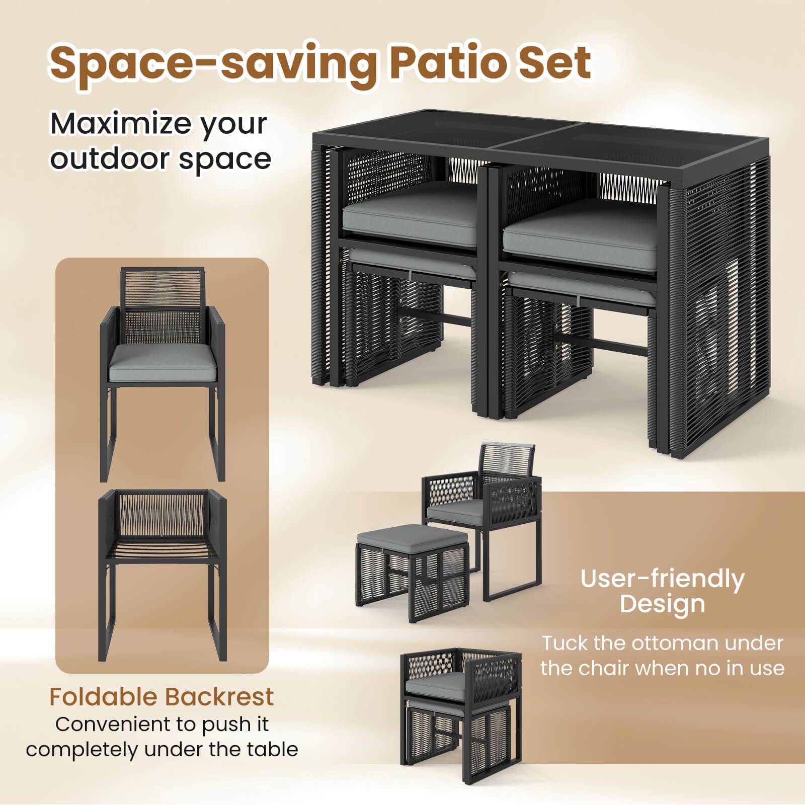 Space-saving Patio Set
Maximize your outdoor space
Foldable Backrest
Convenient to push it completely under the table
User-friendly Design
Tuck the ottoman under the chair when no in use