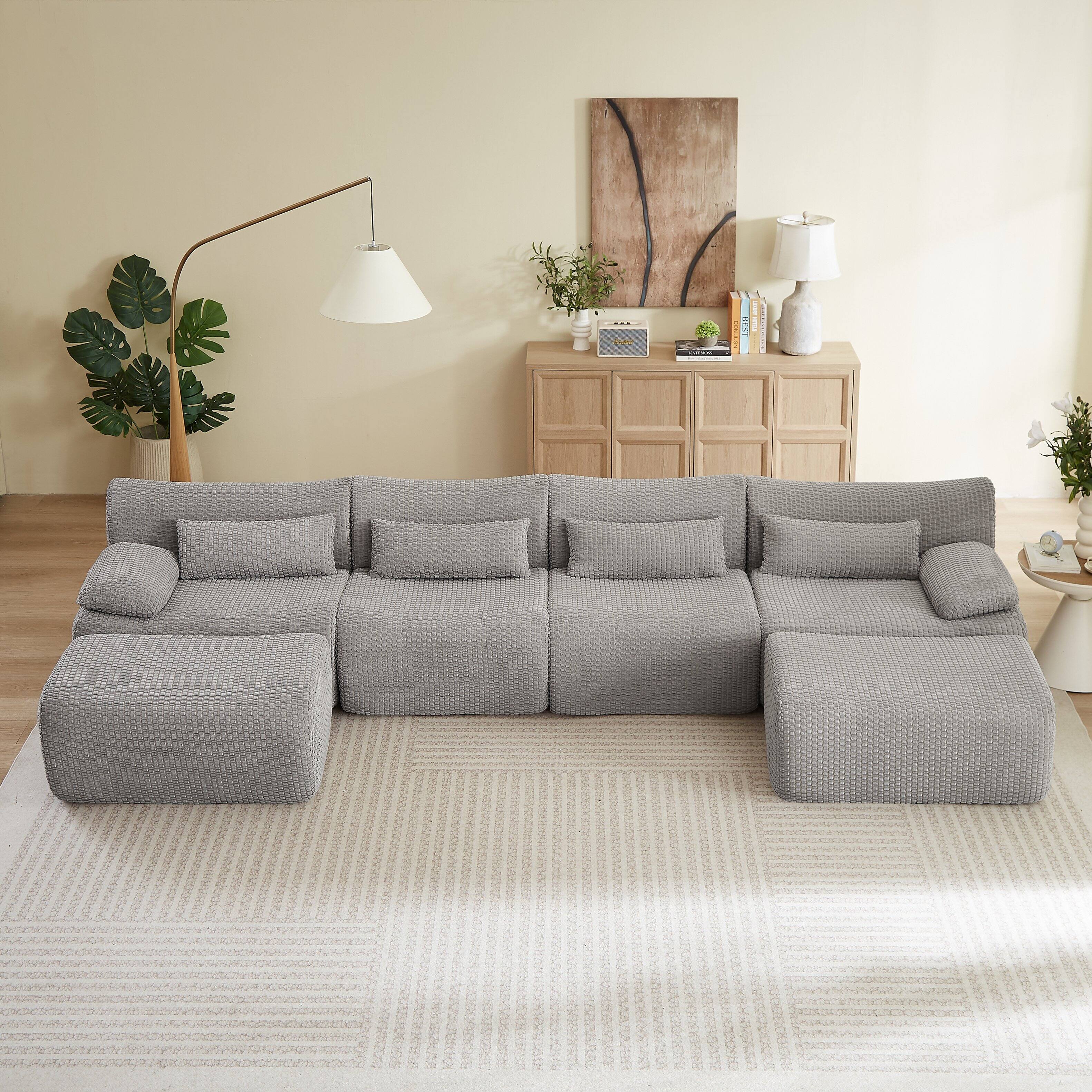 Left. Anysun - 6 Seat U-Shape Convertible Sectional Couch with Ottoman, Cloud Comfort Corduroy Fabric Sofa for Living Room - Gray.