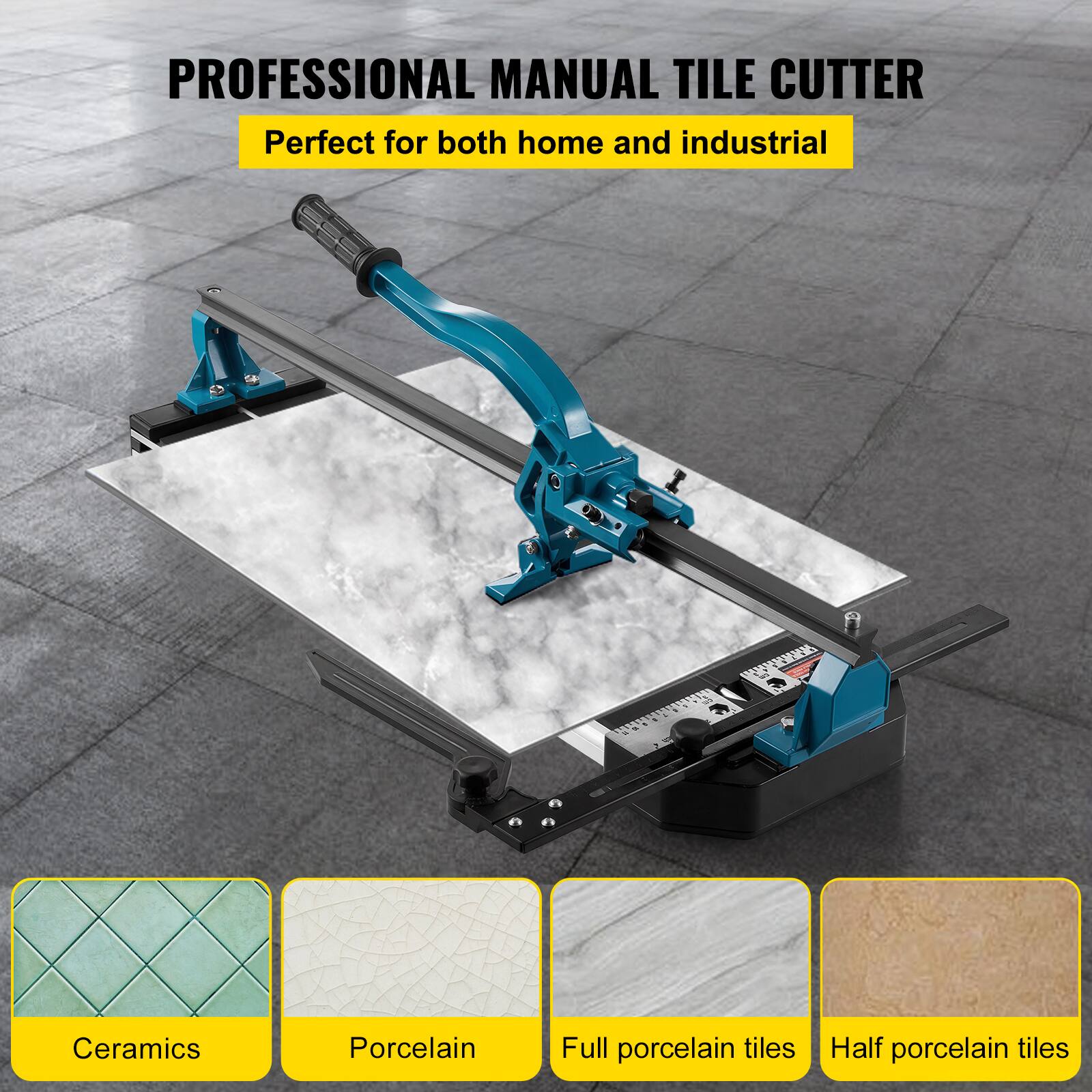 PROFESSIONAL MANUAL TILE CUTTER  
Perfect for both home and industrial  

Ceramics  
Porcelain  
Full porcelain tiles  
Half porcelain tiles