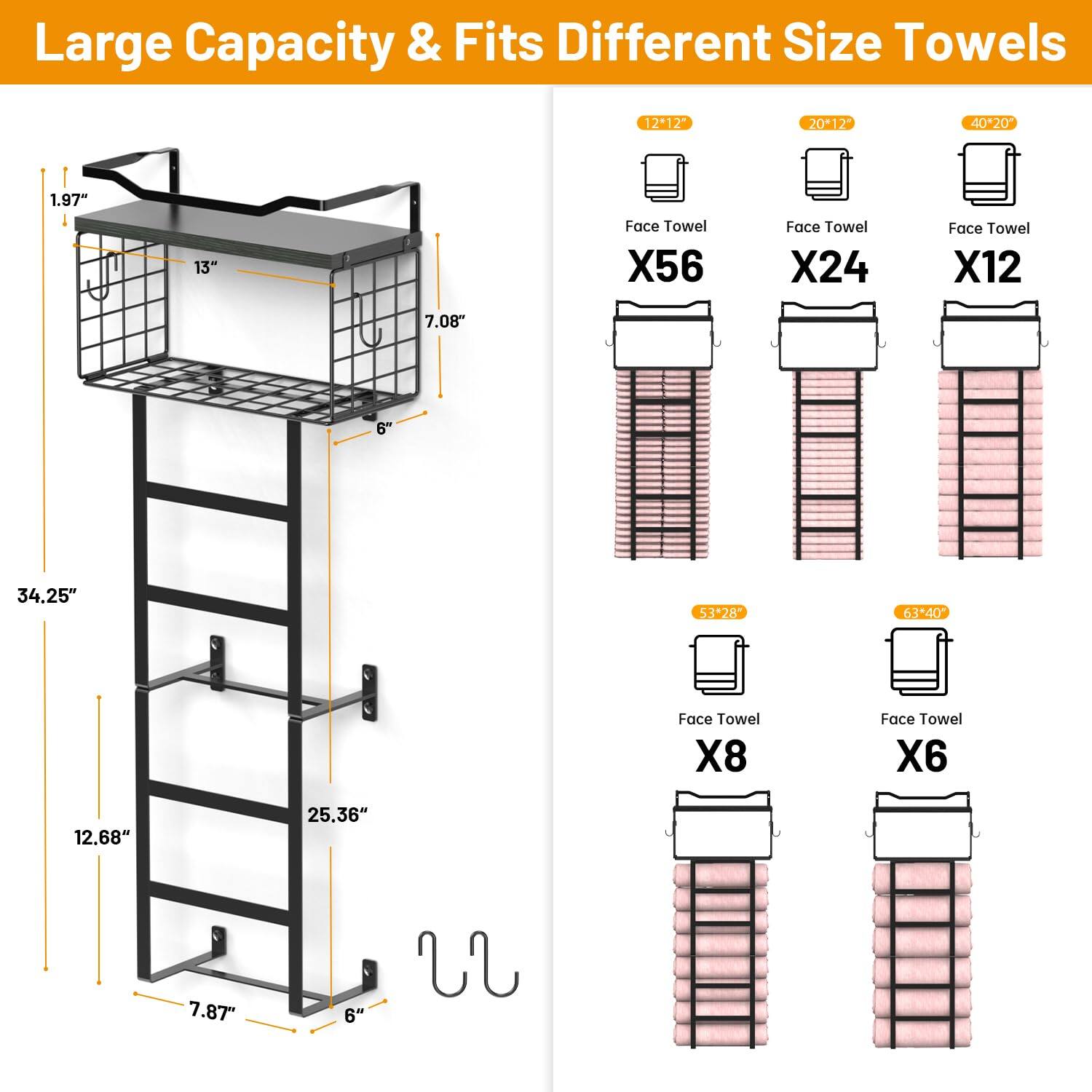 Large Capacity & Fits Different Size Towels

- 12" x 12" Face Towel X56
- 20" x 12" Face Towel X24
- 40" x 20" Face Towel X12
- 53" x 28" Face Towel X8
- 63" x 40" Face Towel X6

Dimensions:
- 1.97" (height of the top shelf)
- 13" (width of the top shelf)
- 7.08" (depth of the top shelf)
- 6" (depth of the shelves)
- 34.25" (height of the unit)
- 12.68" (height of the bottom shelf)
- 25.36" (height between shelves)
- 7.87" (height of the bottom shelf)