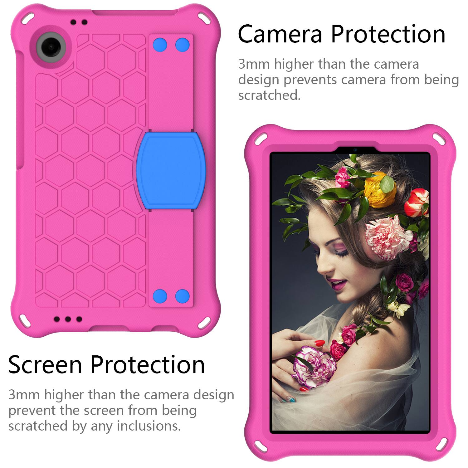 Camera Protection  
3mm higher than the camera design prevents camera from being scratched.  

Screen Protection  
3mm higher than the camera design prevent the screen from being scratched by any inclusions.