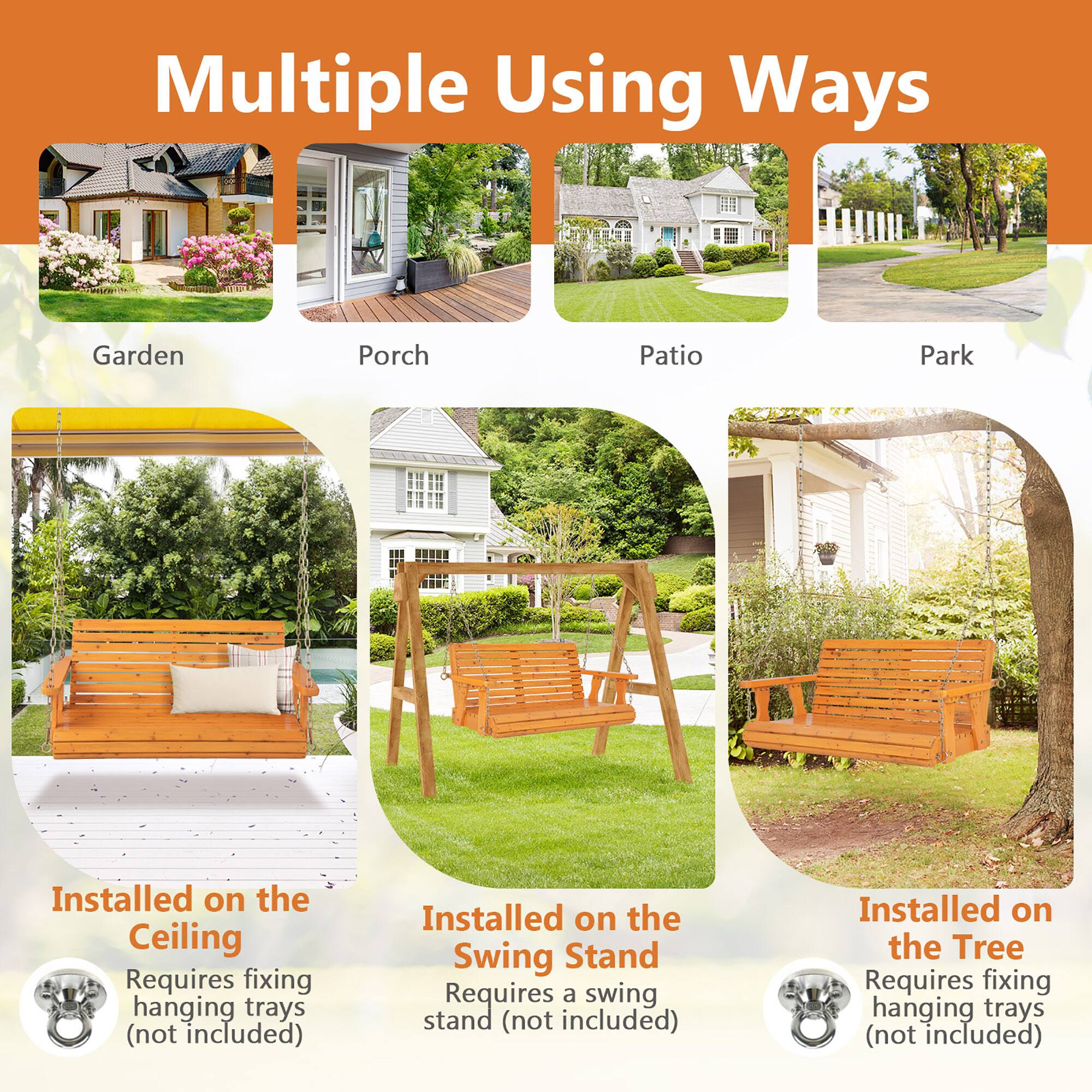 Alt View 7. Gymax - Gymax 2-Person Porch Swing Chair Wooden Garden Swing Bench w/ Adjustable Chains Orange - Orange.