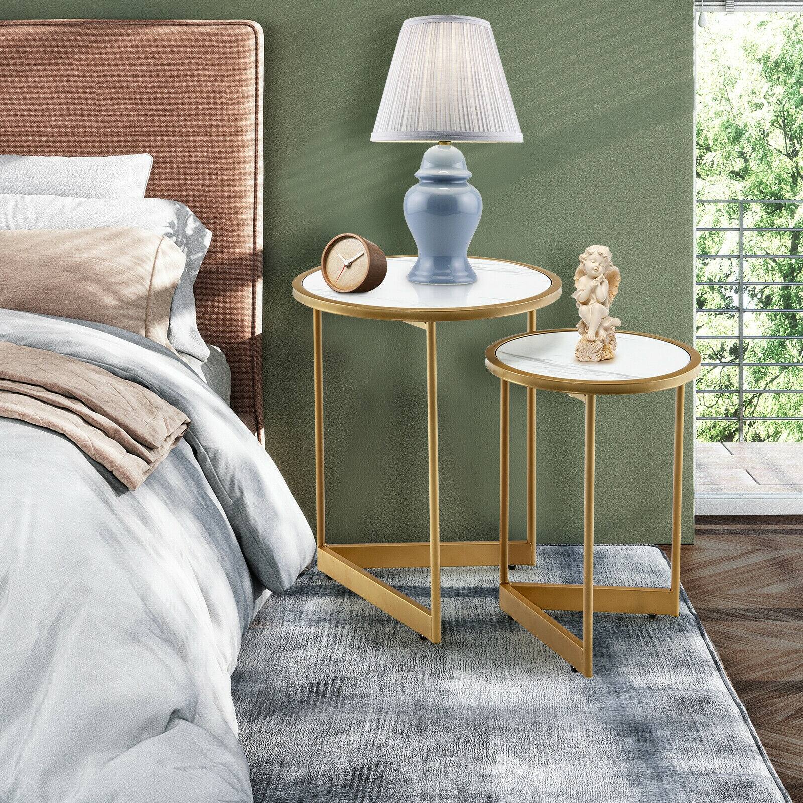 Alt View 8. Ecooso - Round Nesting End Side Table Set of 2 with Faux Marble Top, Beside Table for Living Room - White.