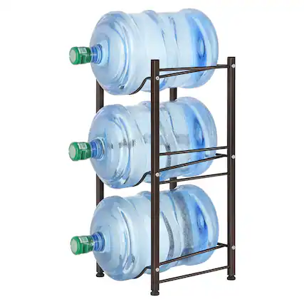 Front. Oumilen - Brown 3-Tier Square Tube Water Jug Rack, 5 Gallon Water Bottle Storage Stand with Adjustable Feet - Brown.