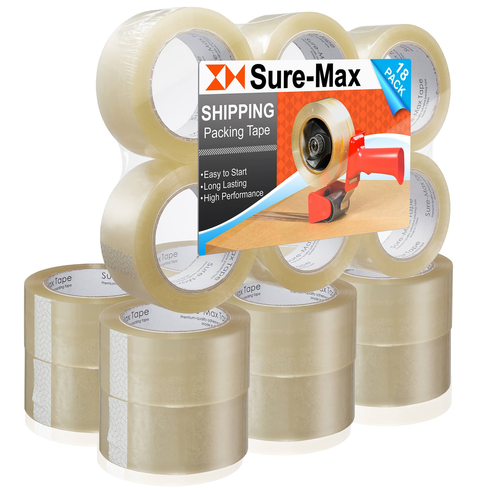 Sure-Max  
Shipping Packing Tape  
18 PACK  

- Easy to Start  
- Long Lasting  
- High Performance  

Packing Tape  
Premium Quality  
Made in USA