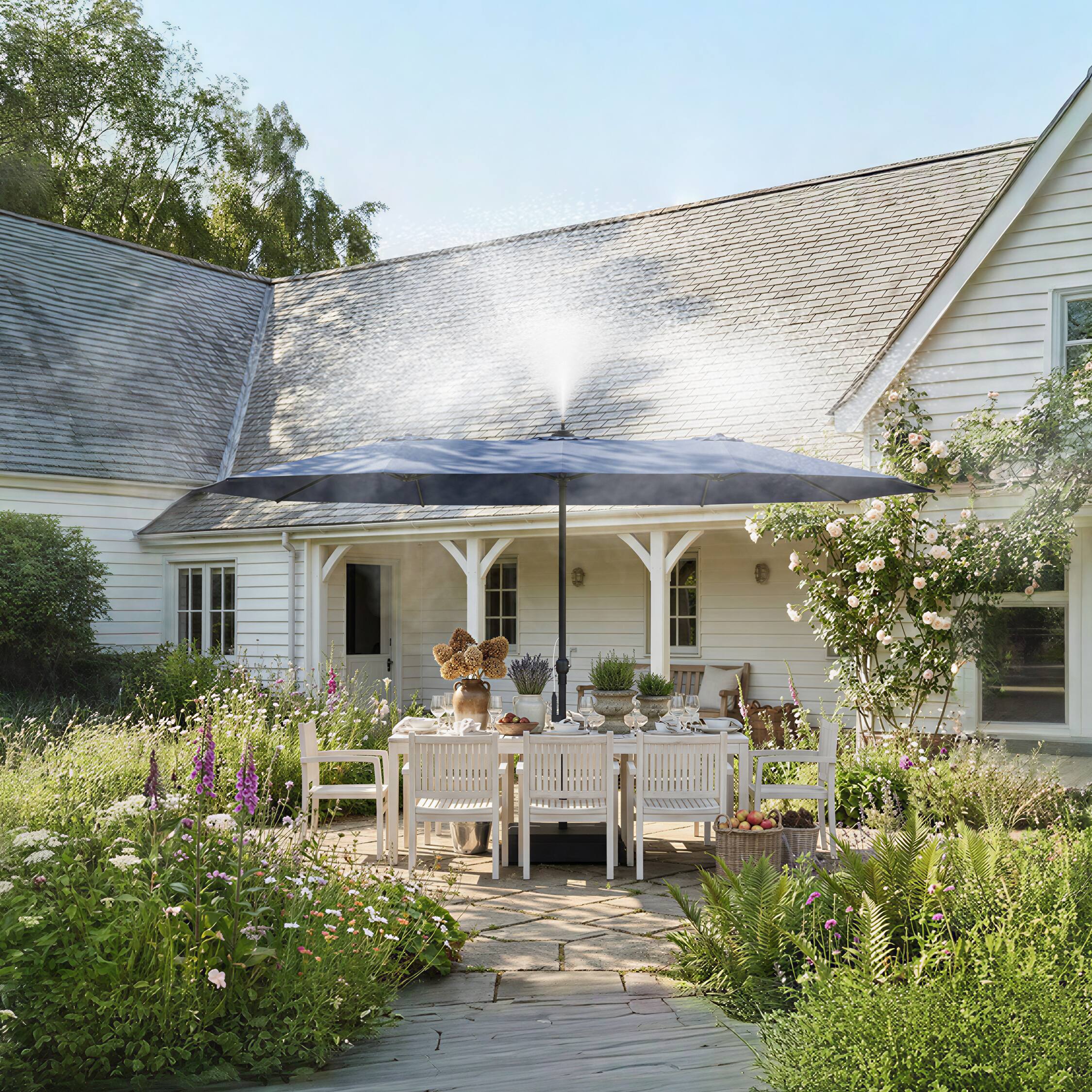 Alt View 1. Famapy - 11ft Double-Top Patio Misting Umbrella - Spray Cooling System & Reinforced Frame for Pool, Garden - Navy blue.