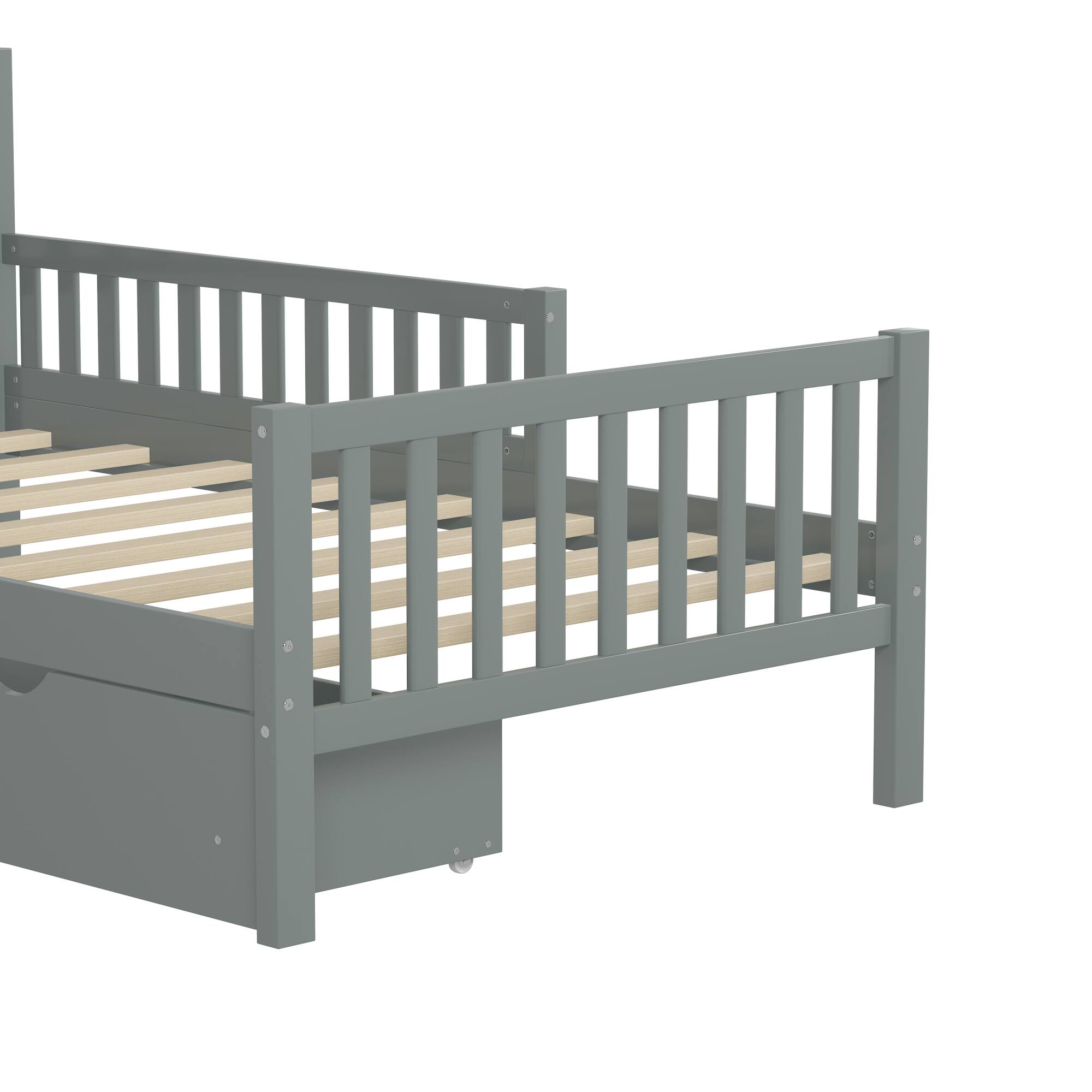 Alt View 5. GOODSILO - Twin Size Wood Platform Bed with Dual Guardrails and Underbed Storage Drawers for Enhanced Safety and Organization - Gray.