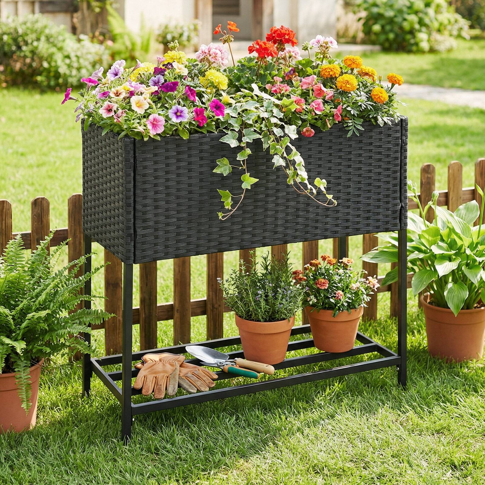 Alt View 1. Gymax - Gymax Elevated Planter Box Raised Garden Bed w/ Rattan Surface Bottom Storage Shelf - Brown.