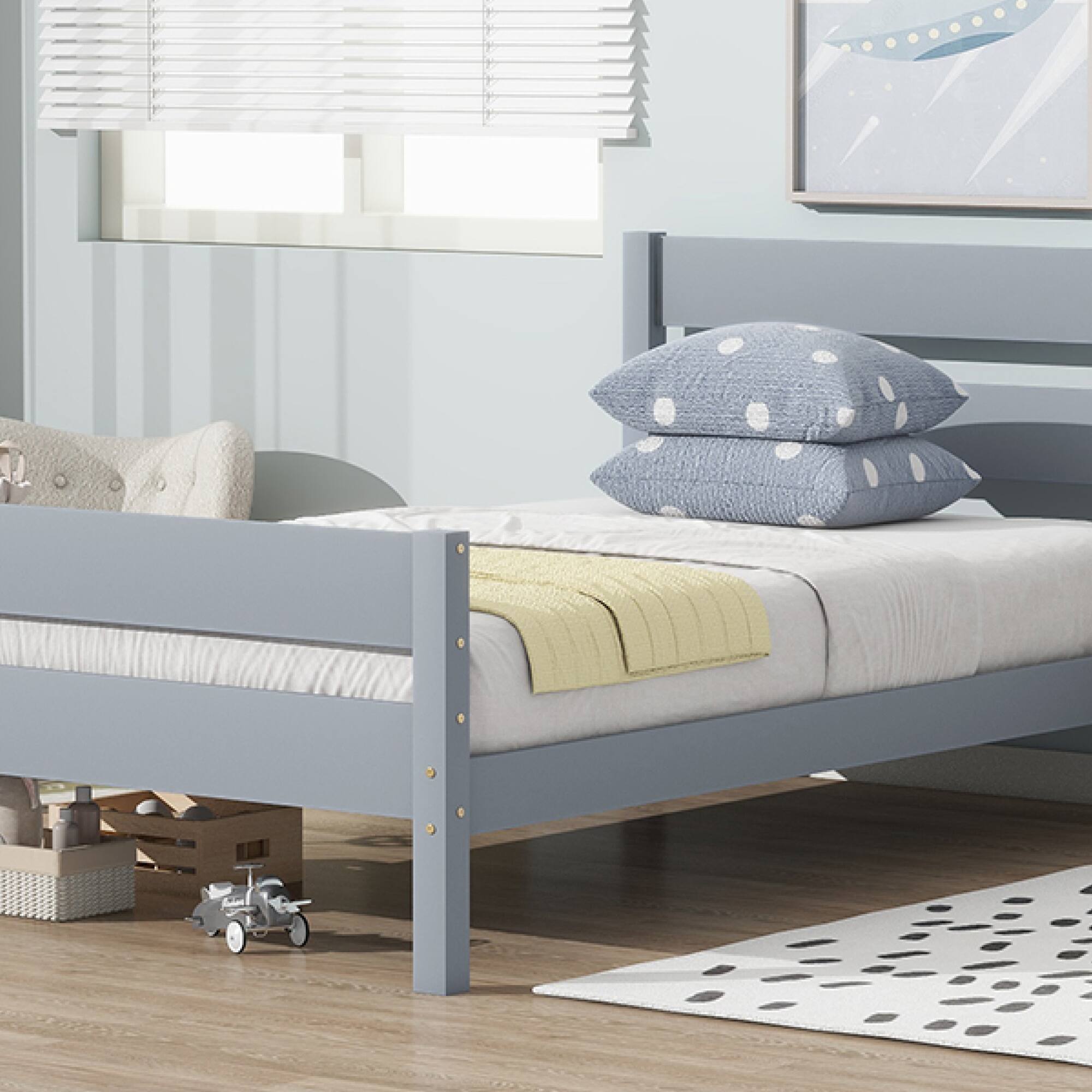 Alt View 7. GOODSILO - Twin Size Wooden Bed with Headboard and Footboard - Minimalist Design with Underneath Storage - Grey.