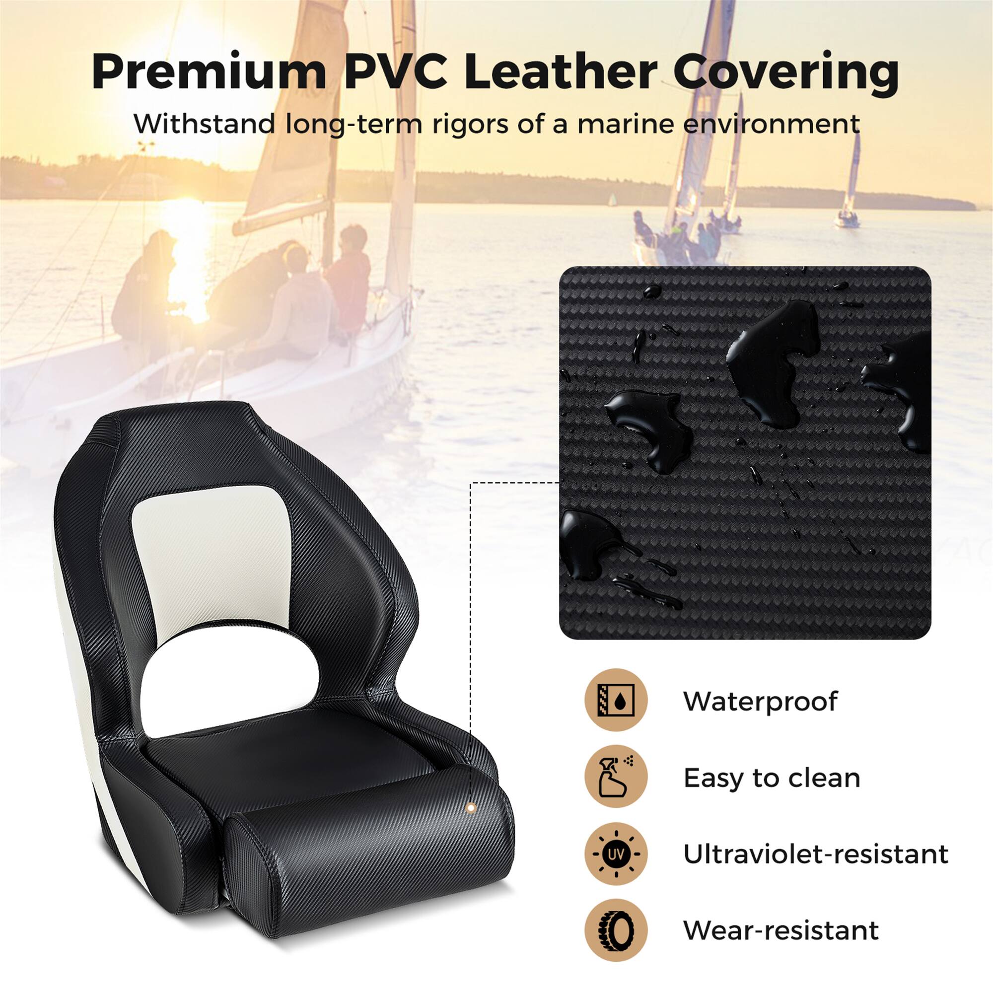 Premium PVC Leather Covering  
Withstand long-term rigors of a marine environment  

Waterproof  
Easy to clean  
Ultraviolet-resistant  
Wear-resistant